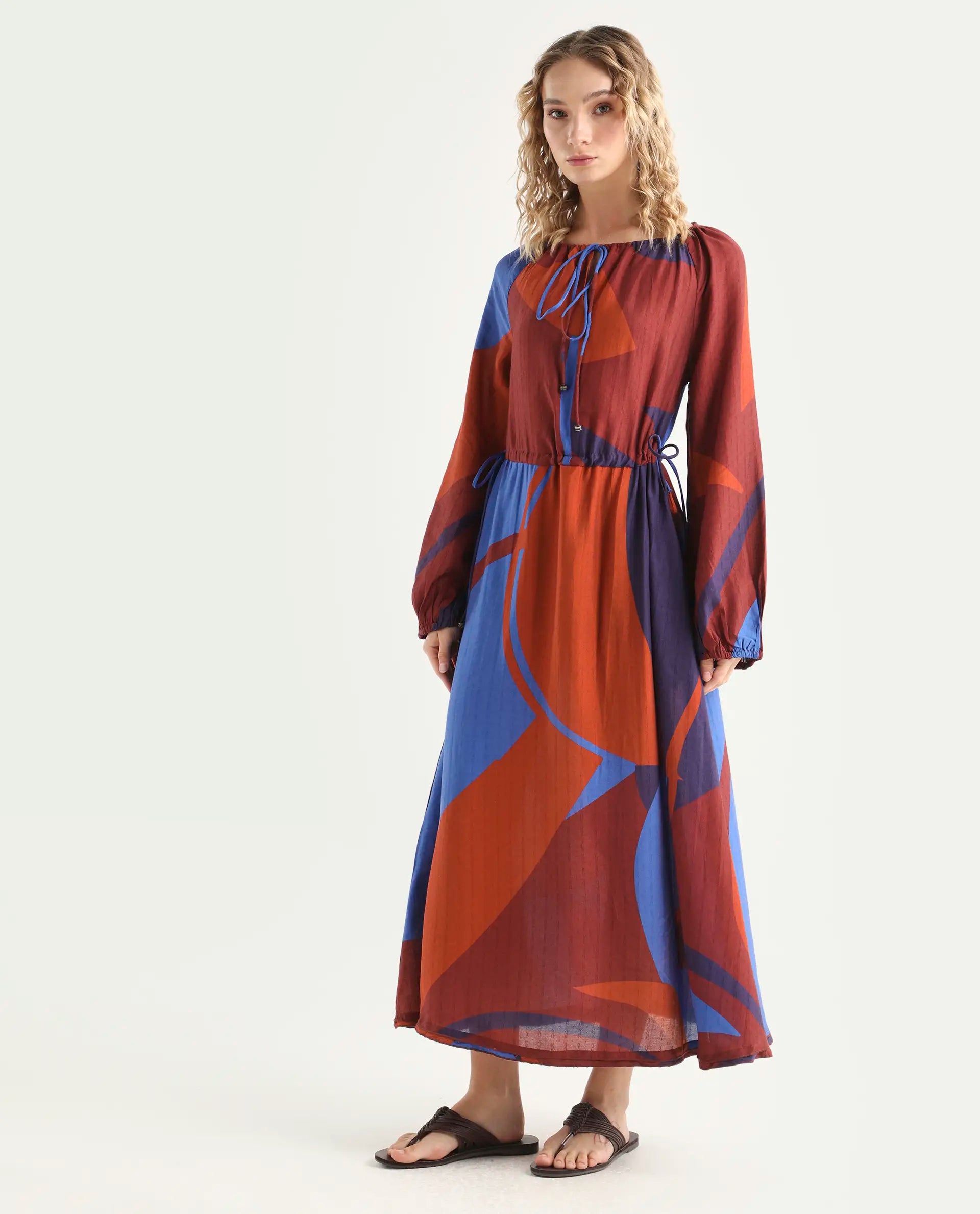 Rareism Women's Telor Brown Polyester Sweetheart Neck Abstract Print Balloon Sleeve Maxi Regular Fit Dress