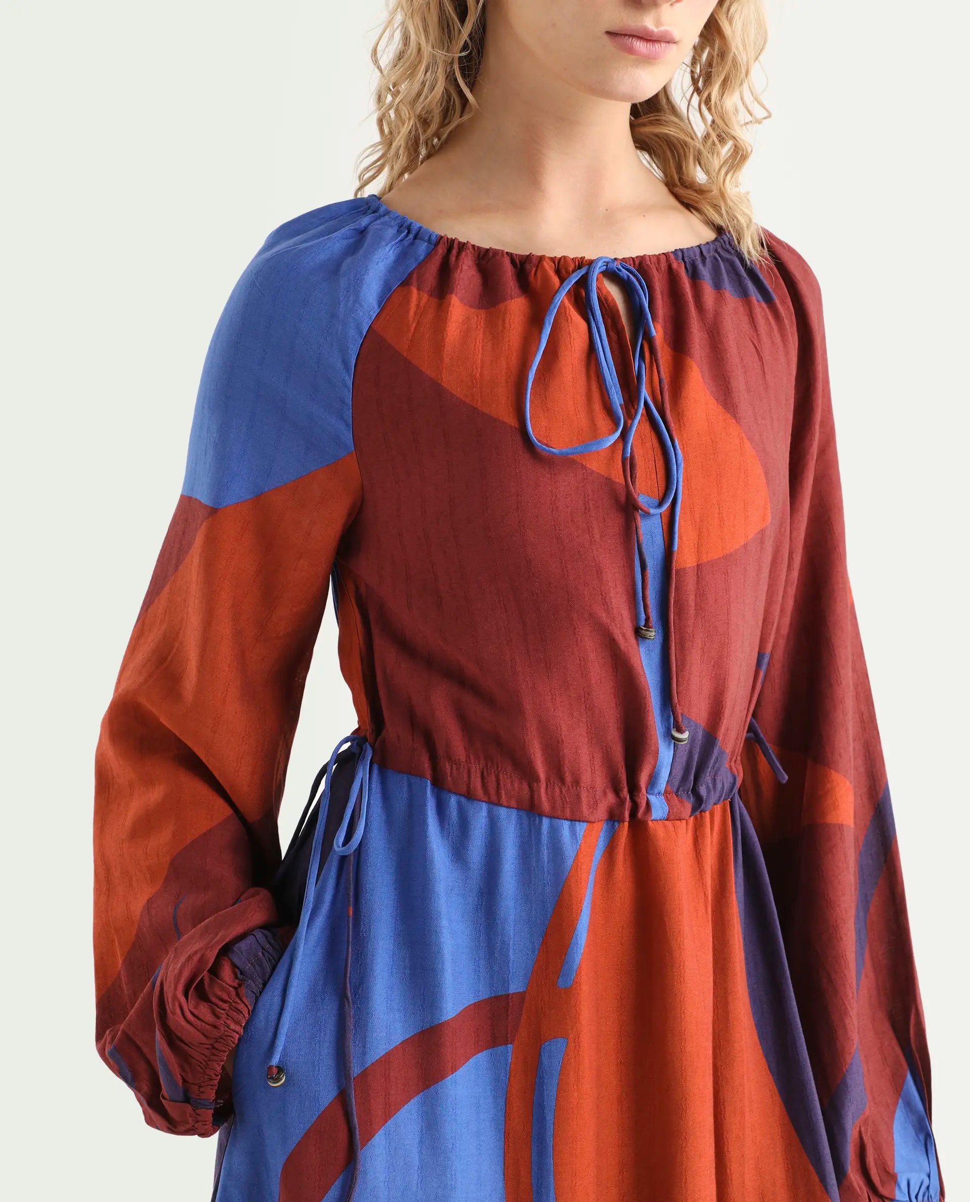 Rareism Women's Telor Brown Polyester Sweetheart Neck Abstract Print Balloon Sleeve Maxi Regular Fit Dress