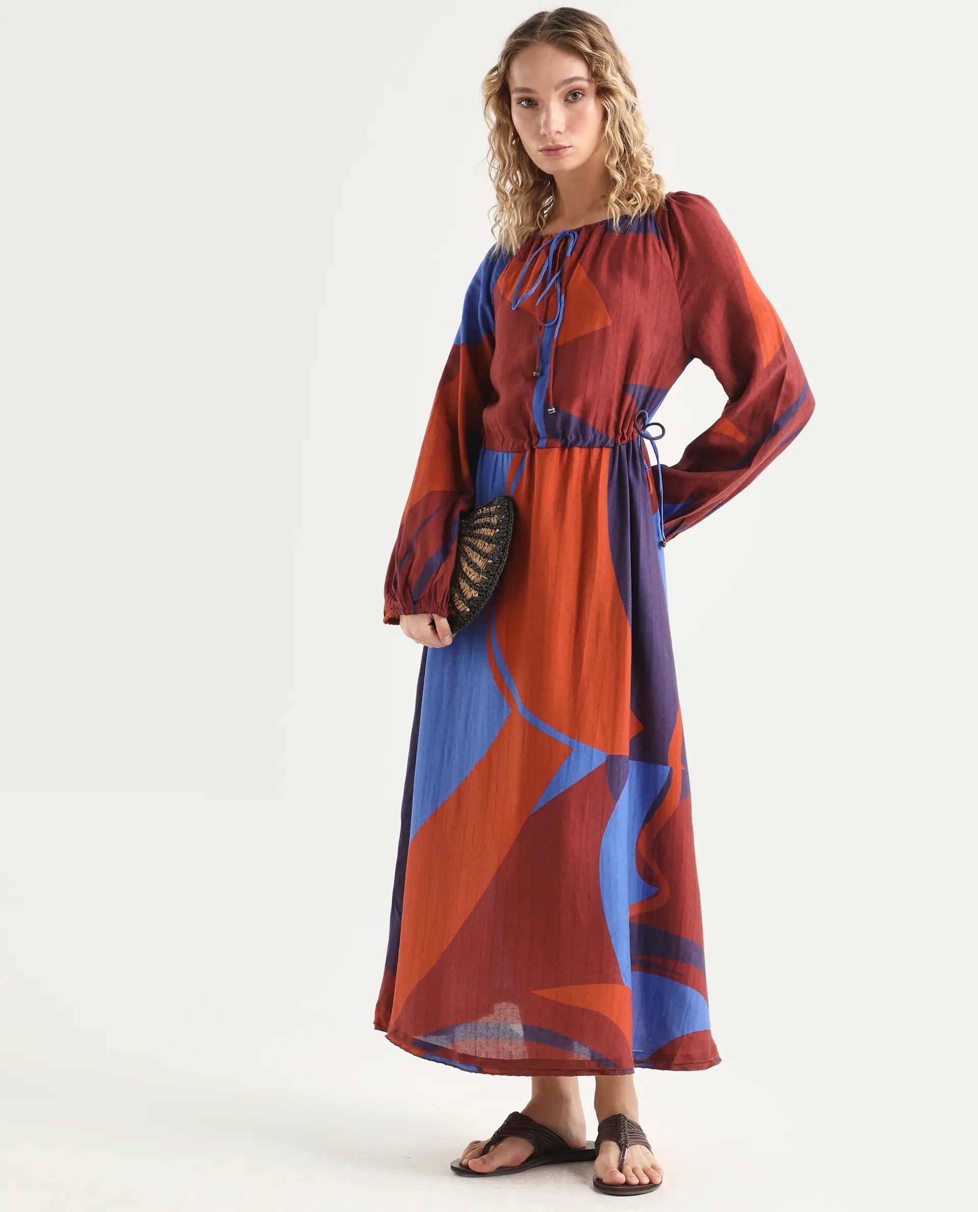 Rareism Women's Telor Brown Polyester Sweetheart Neck Abstract Print Balloon Sleeve Maxi Regular Fit Dress