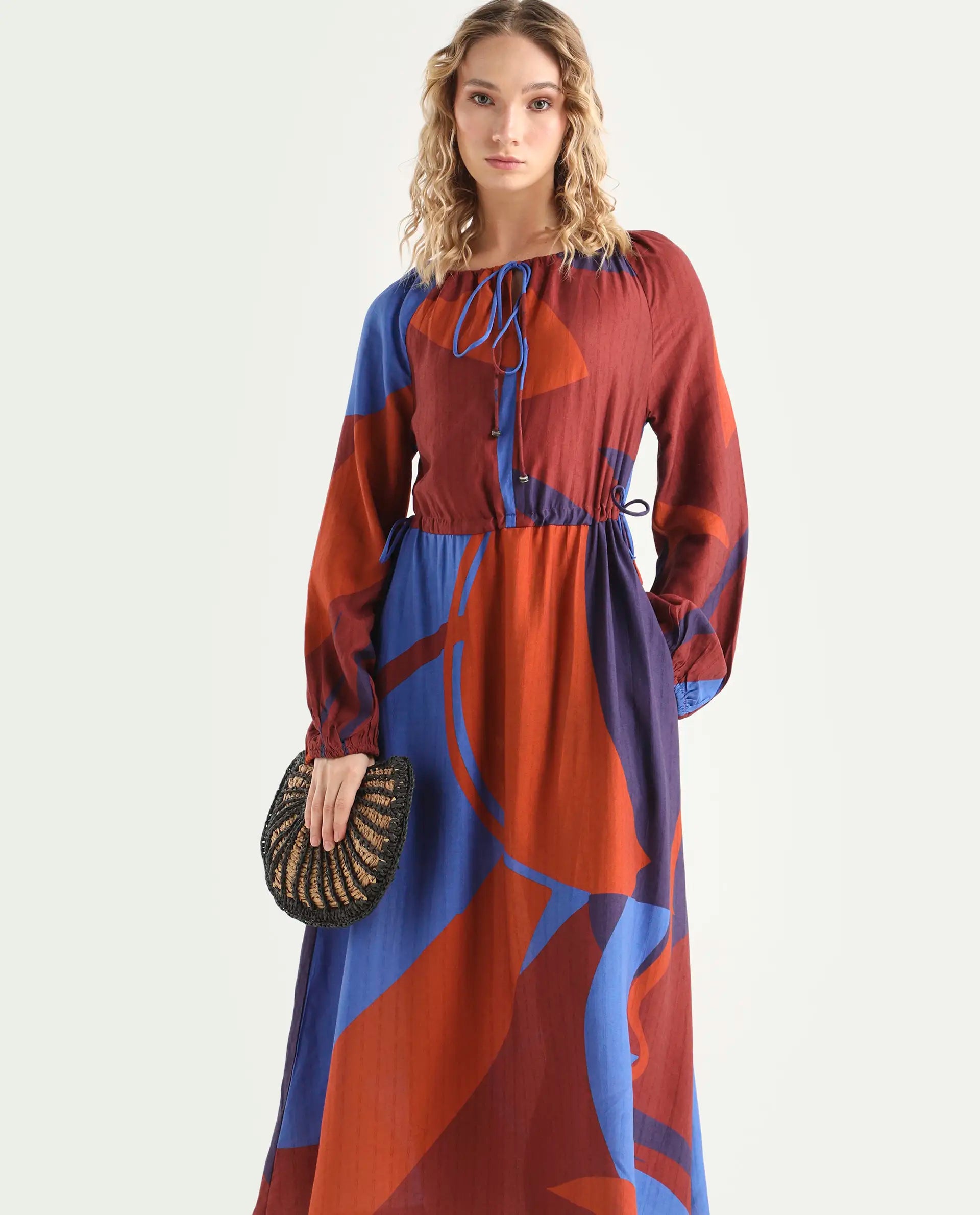 Rareism Women's Telor Brown Polyester Sweetheart Neck Abstract Print Balloon Sleeve Maxi Regular Fit Dress