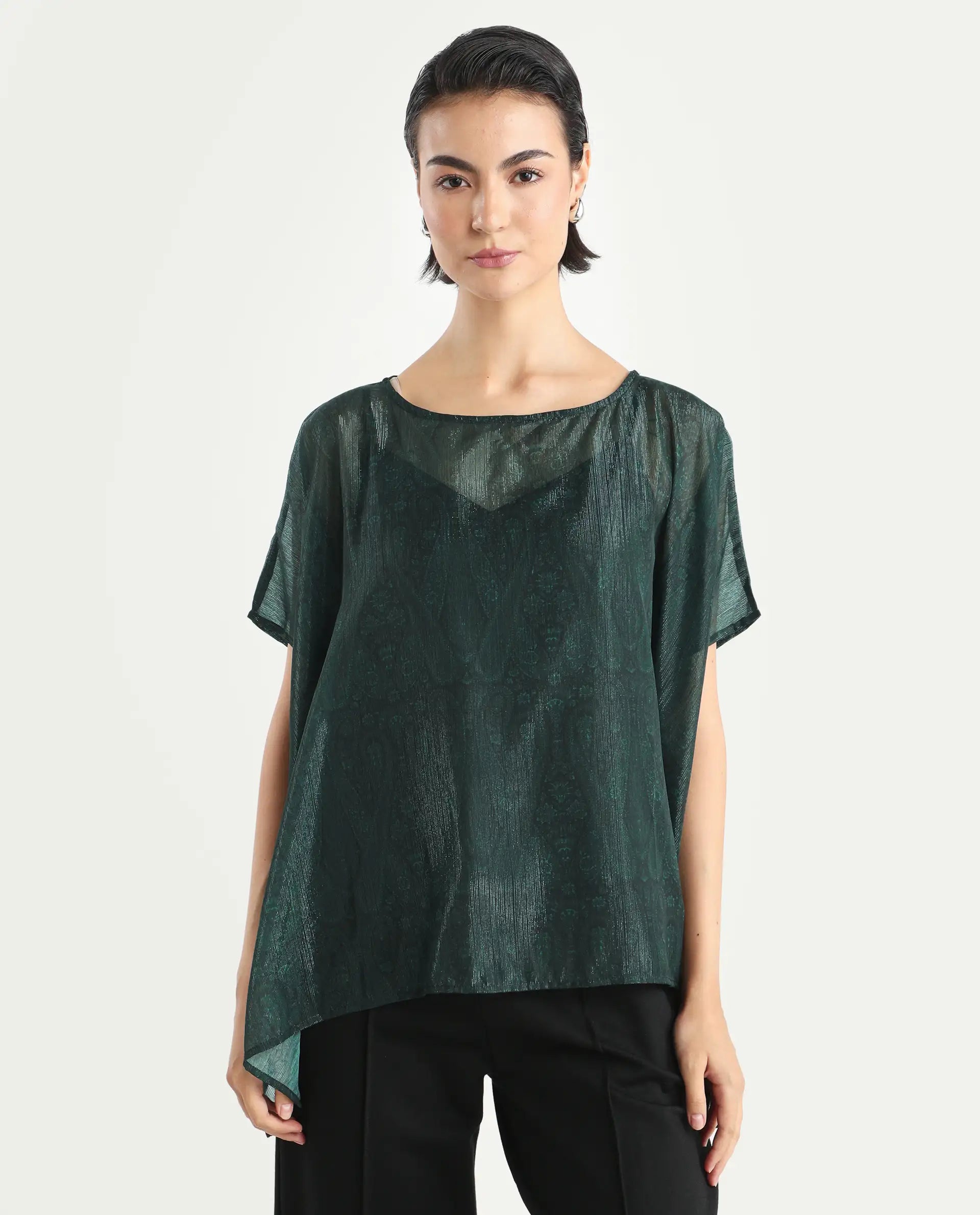 Rareism Women's Meresa Dark Green Polyester Boat Neck Plain Regular Fit Top