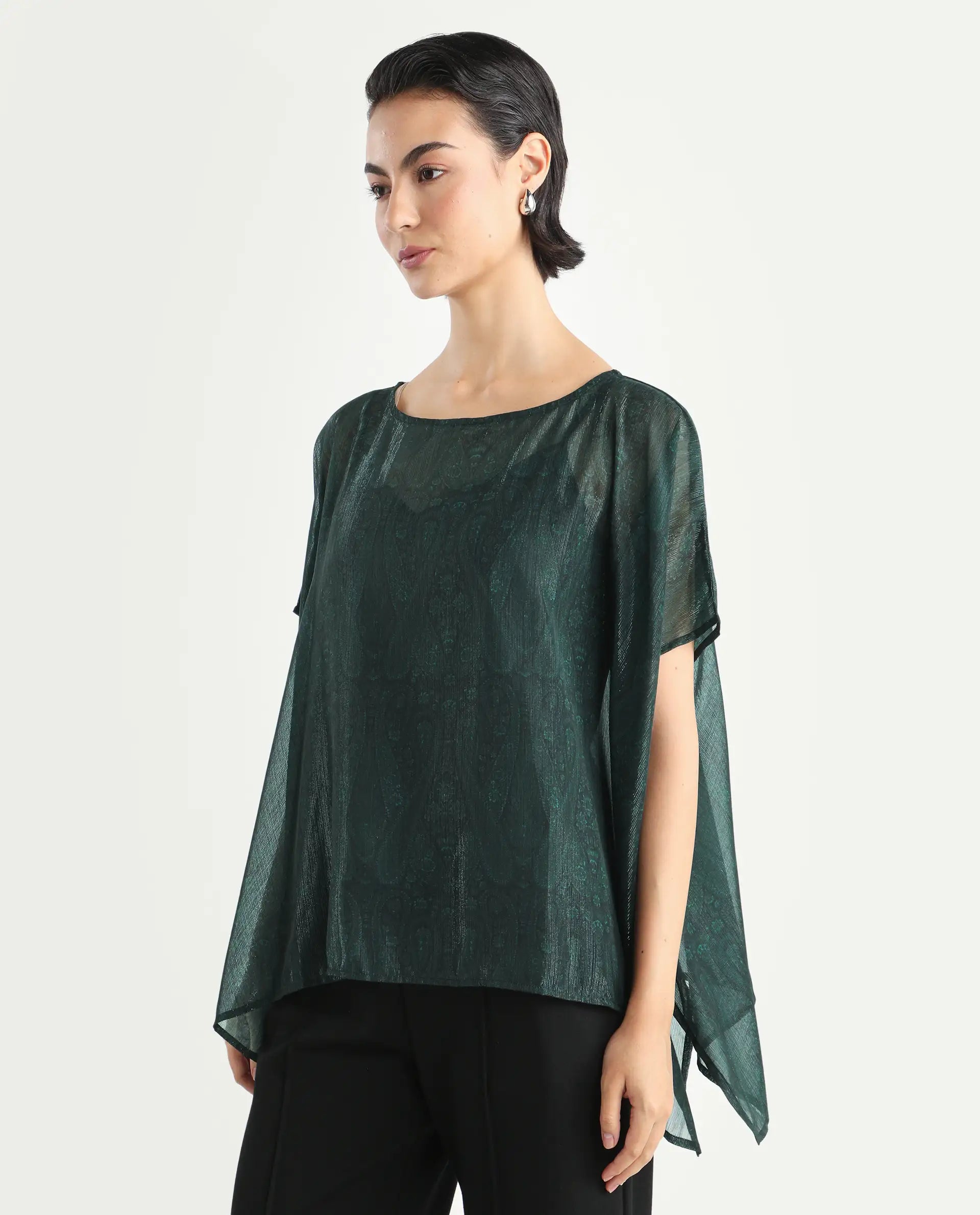 Rareism Women's Meresa Dark Green Polyester Boat Neck Plain Regular Fit Top