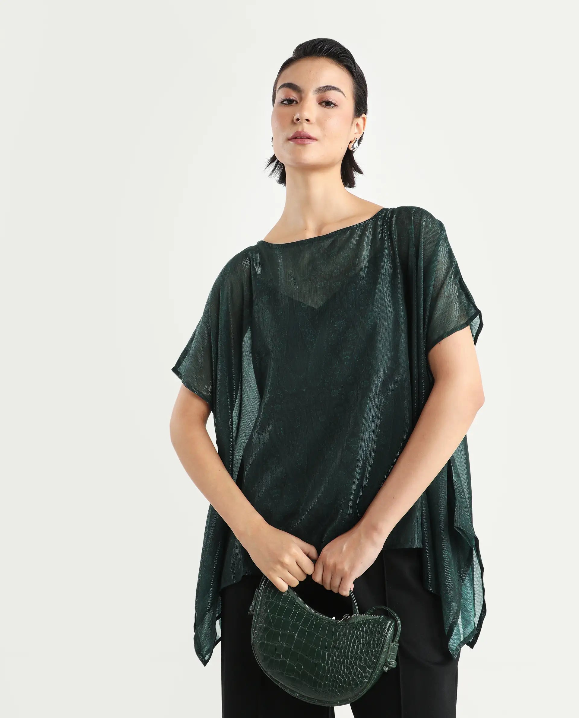 Rareism Women's Meresa Dark Green Polyester Boat Neck Plain Regular Fit Top