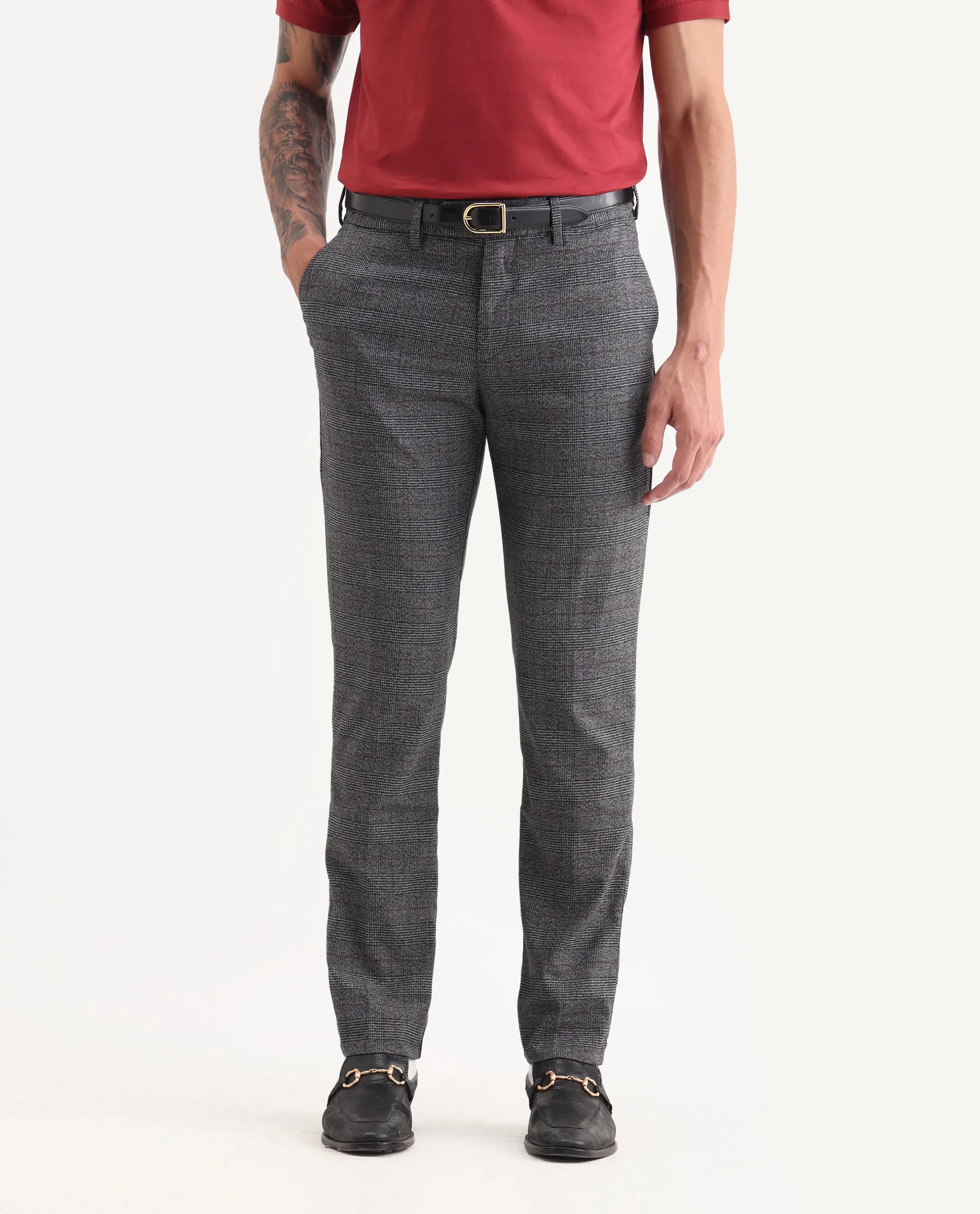 Rare Rabbit Men's Opal Dark Grey Polyester Checked Print Regular Fit Trouser