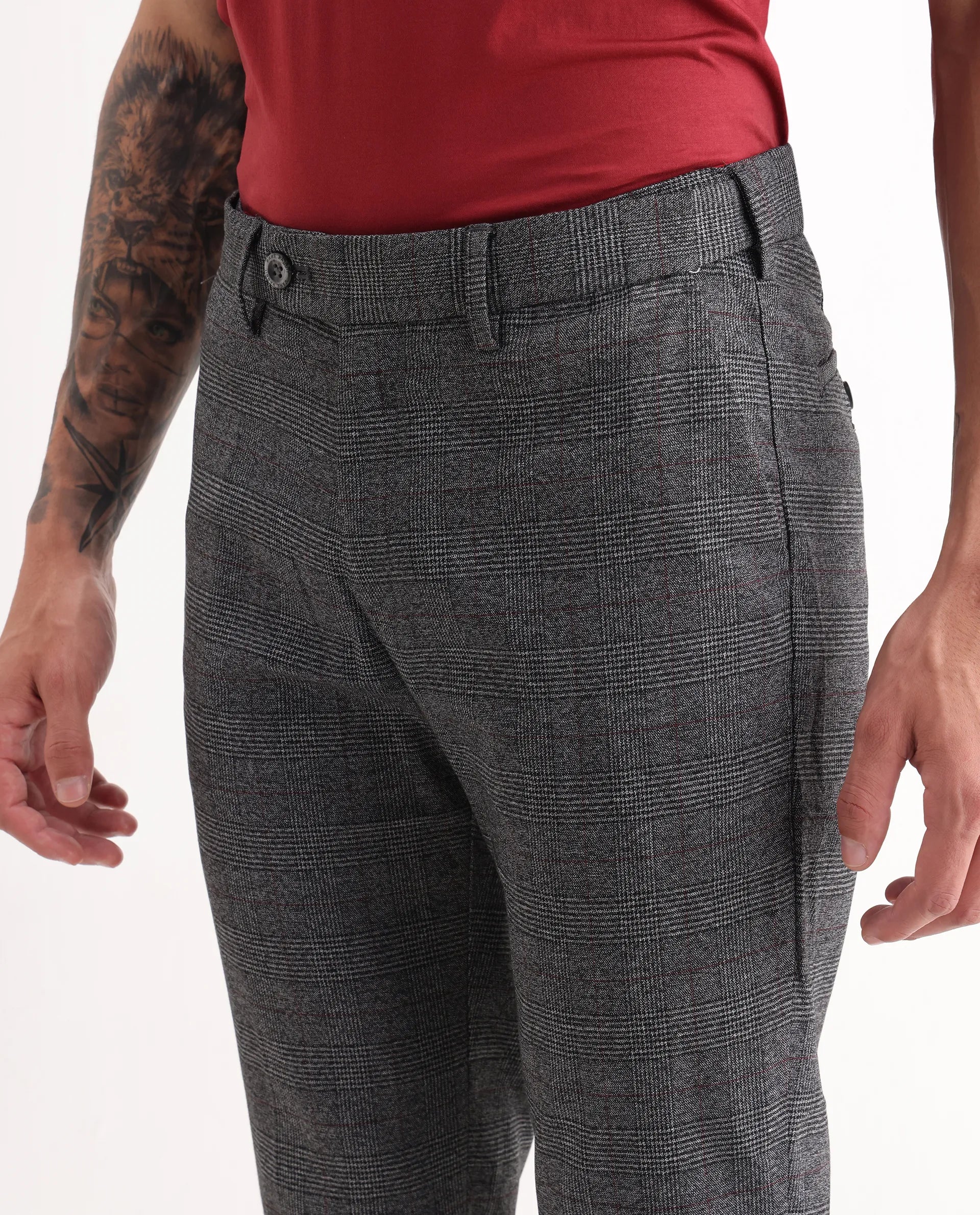 Rare Rabbit Men's Opal Dark Grey Polyester Checked Print Regular Fit Trouser