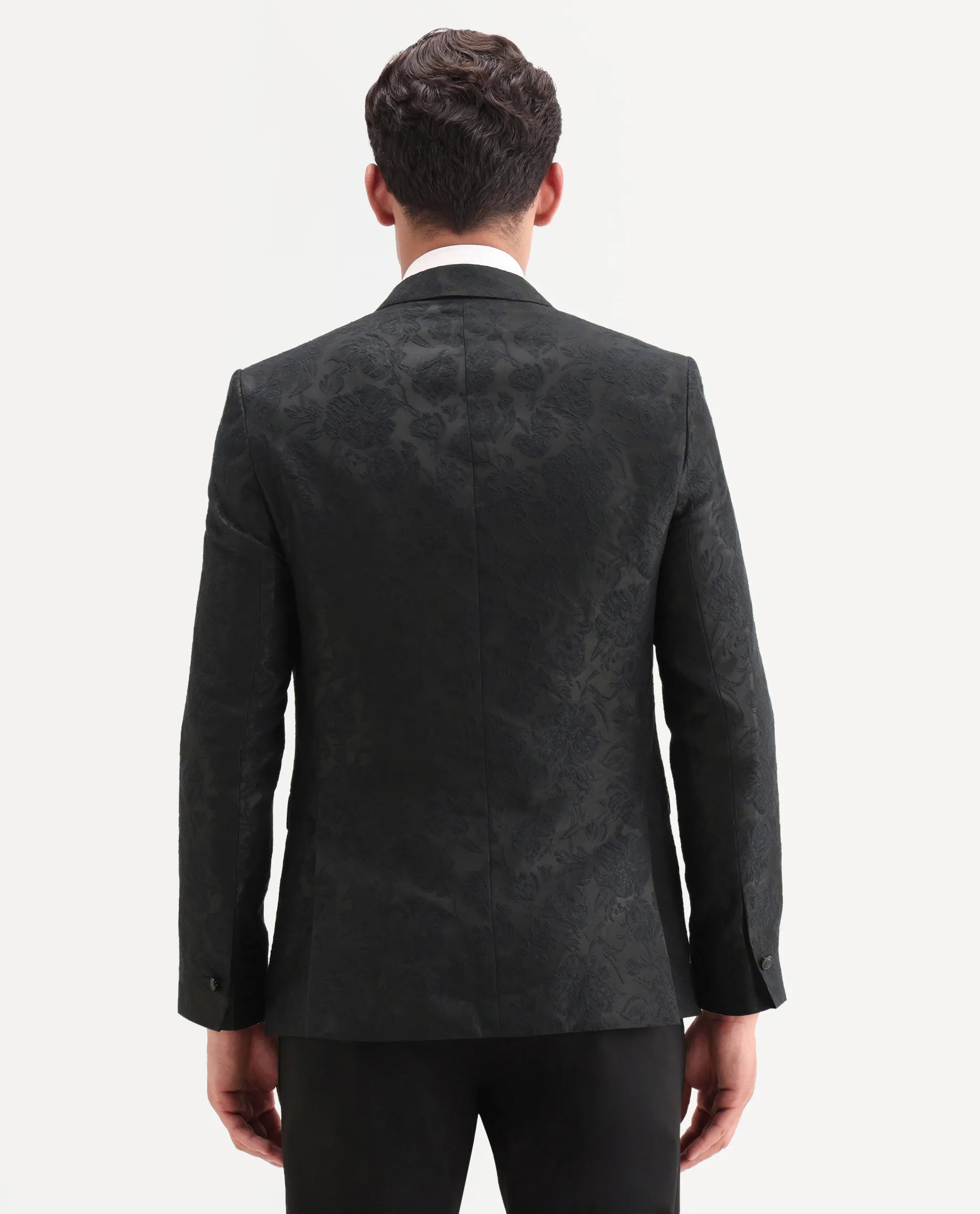Rare Rabbit Men's Boxton Black Polyester Jacquard Tailored Fit Full Sleeve Lapel Neck Blazer