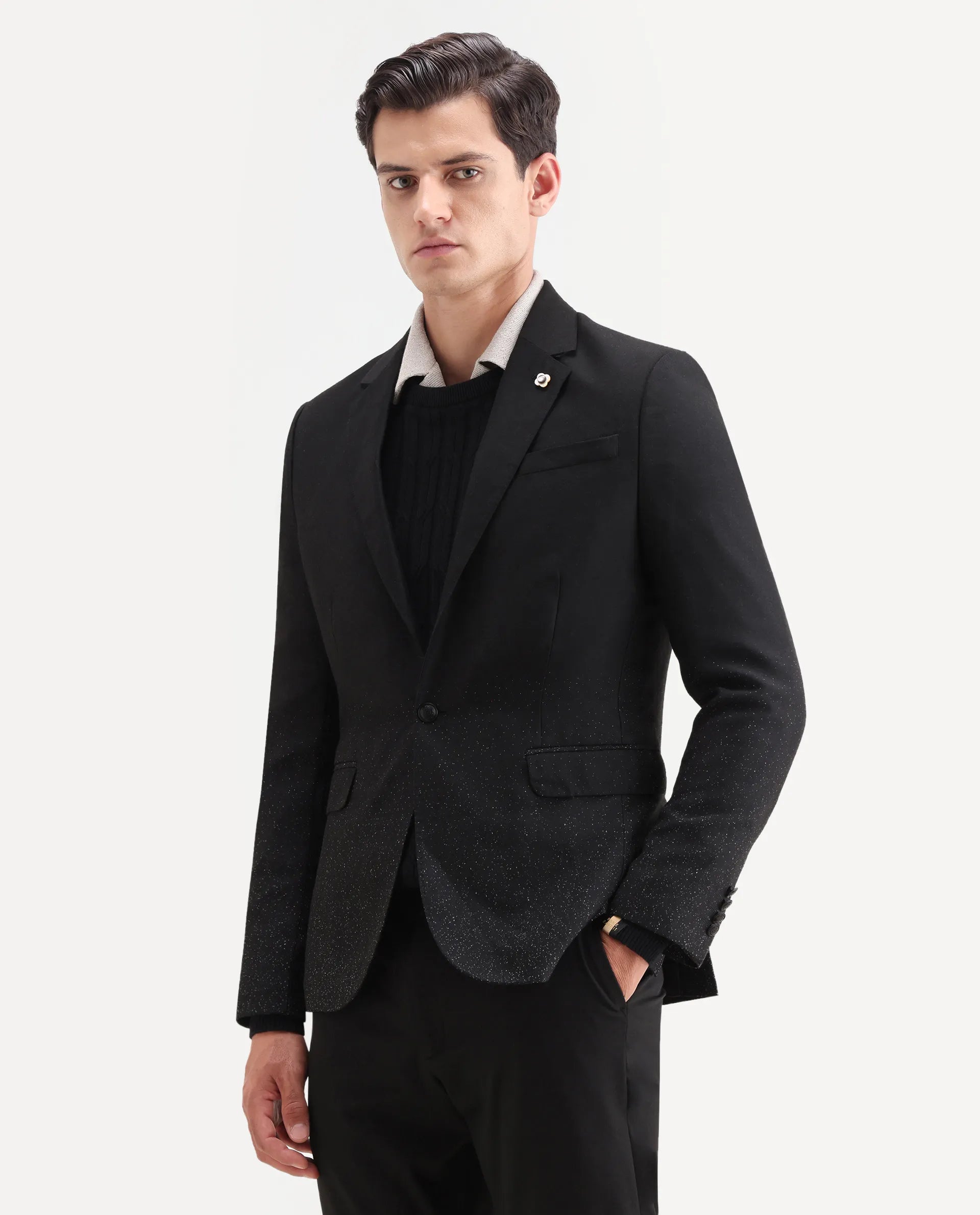 Rare Rabbit Men's Debra Black Polyester Plain Tailored Fit Full Sleeve Lapel Neck Blazer