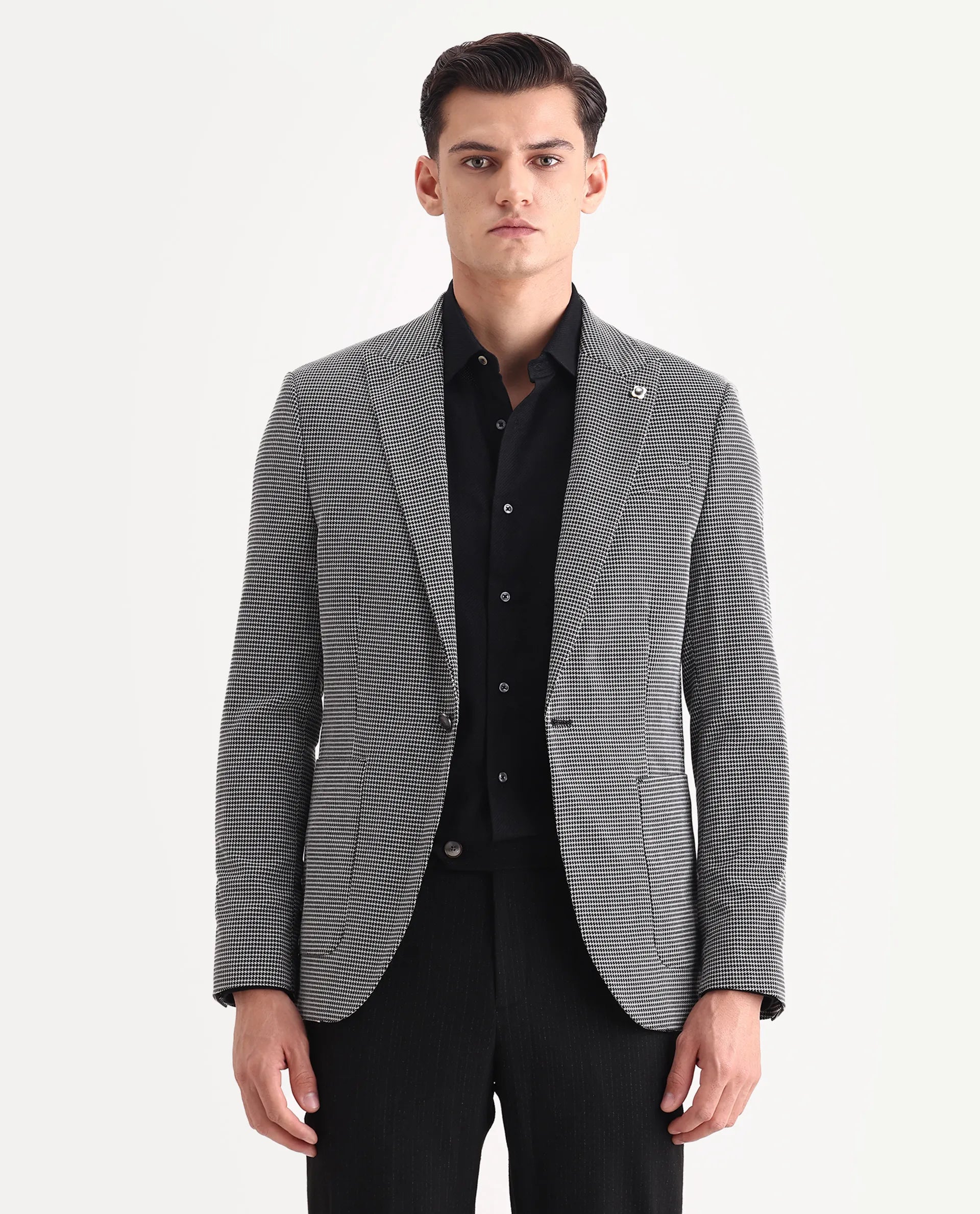 Rare Rabbit Men's Mellion Black Polyester Jacquard Tailored Fit Full Sleeve Lapel Neck Blazer