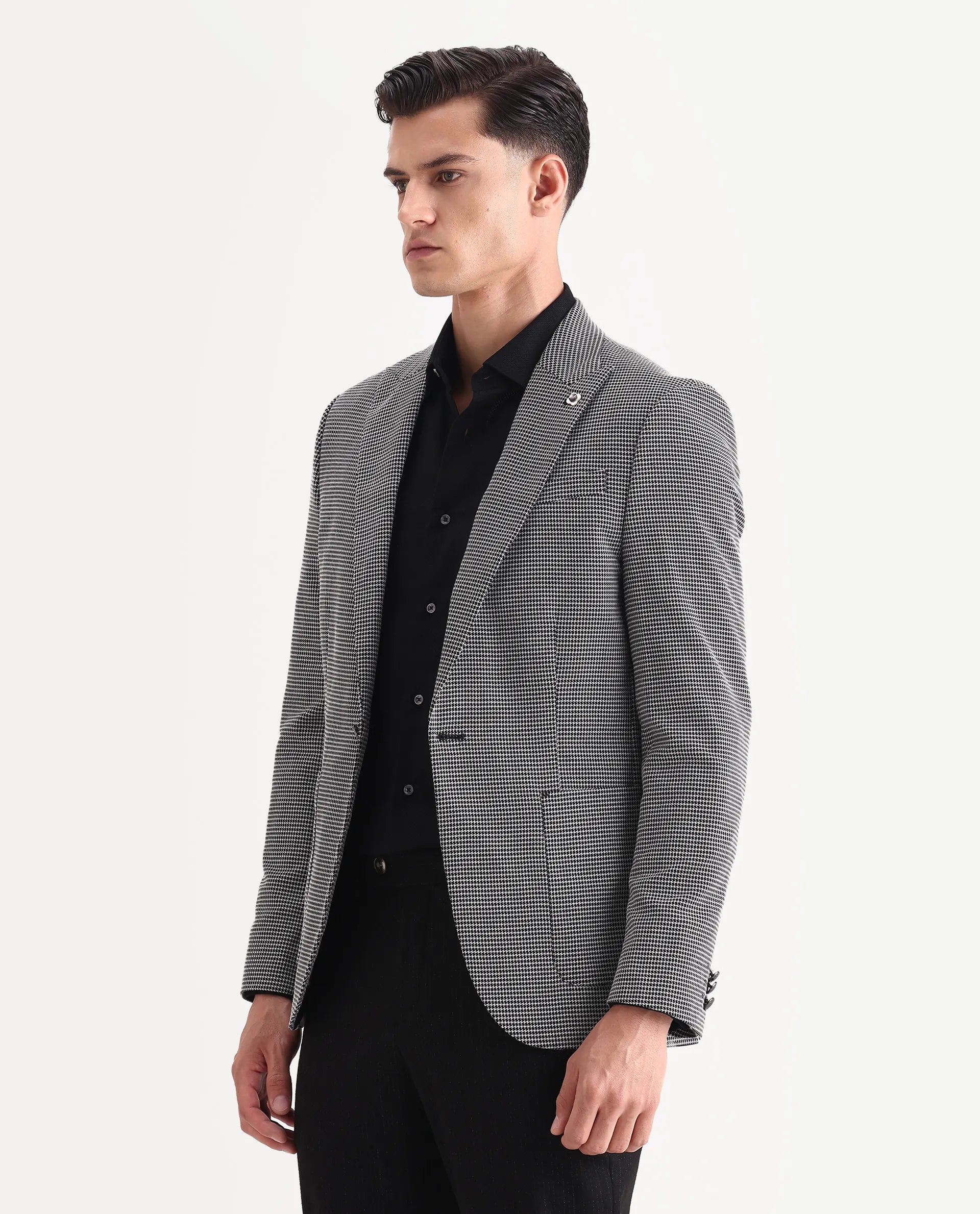 Rare Rabbit Men's Mellion Black Polyester Jacquard Tailored Fit Full Sleeve Lapel Neck Blazer