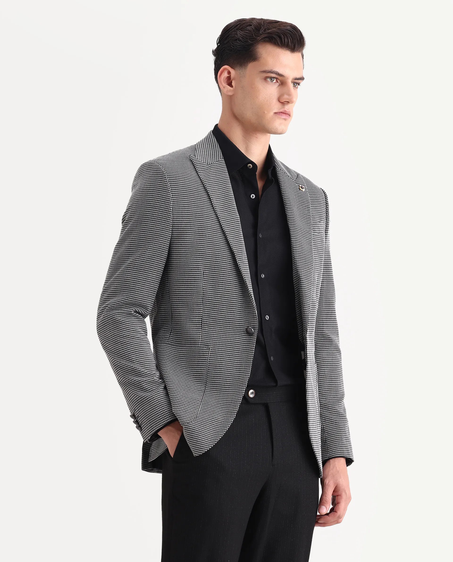 Rare Rabbit Men's Mellion Black Polyester Jacquard Tailored Fit Full Sleeve Lapel Neck Blazer