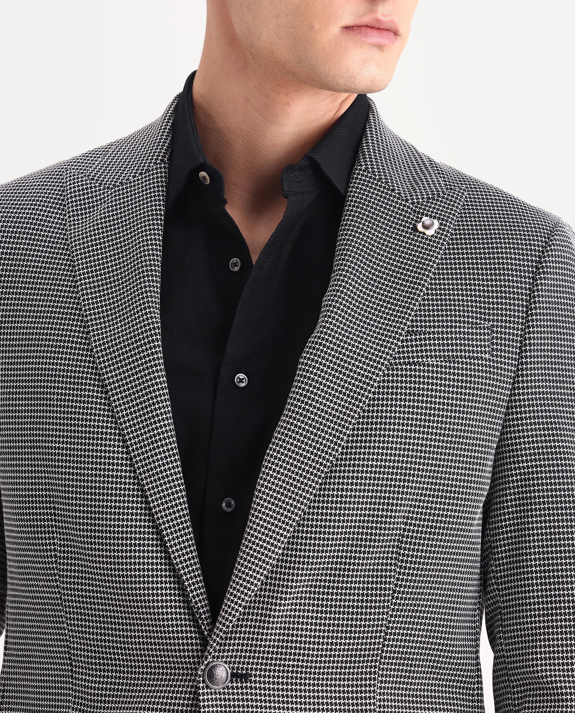 Rare Rabbit Men's Mellion Black Polyester Jacquard Tailored Fit Full Sleeve Lapel Neck Blazer