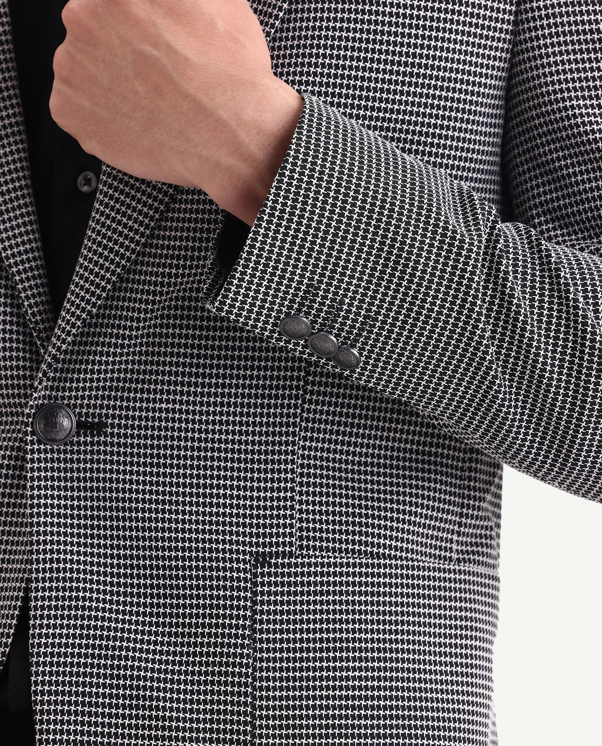 Rare Rabbit Men's Mellion Black Polyester Jacquard Tailored Fit Full Sleeve Lapel Neck Blazer