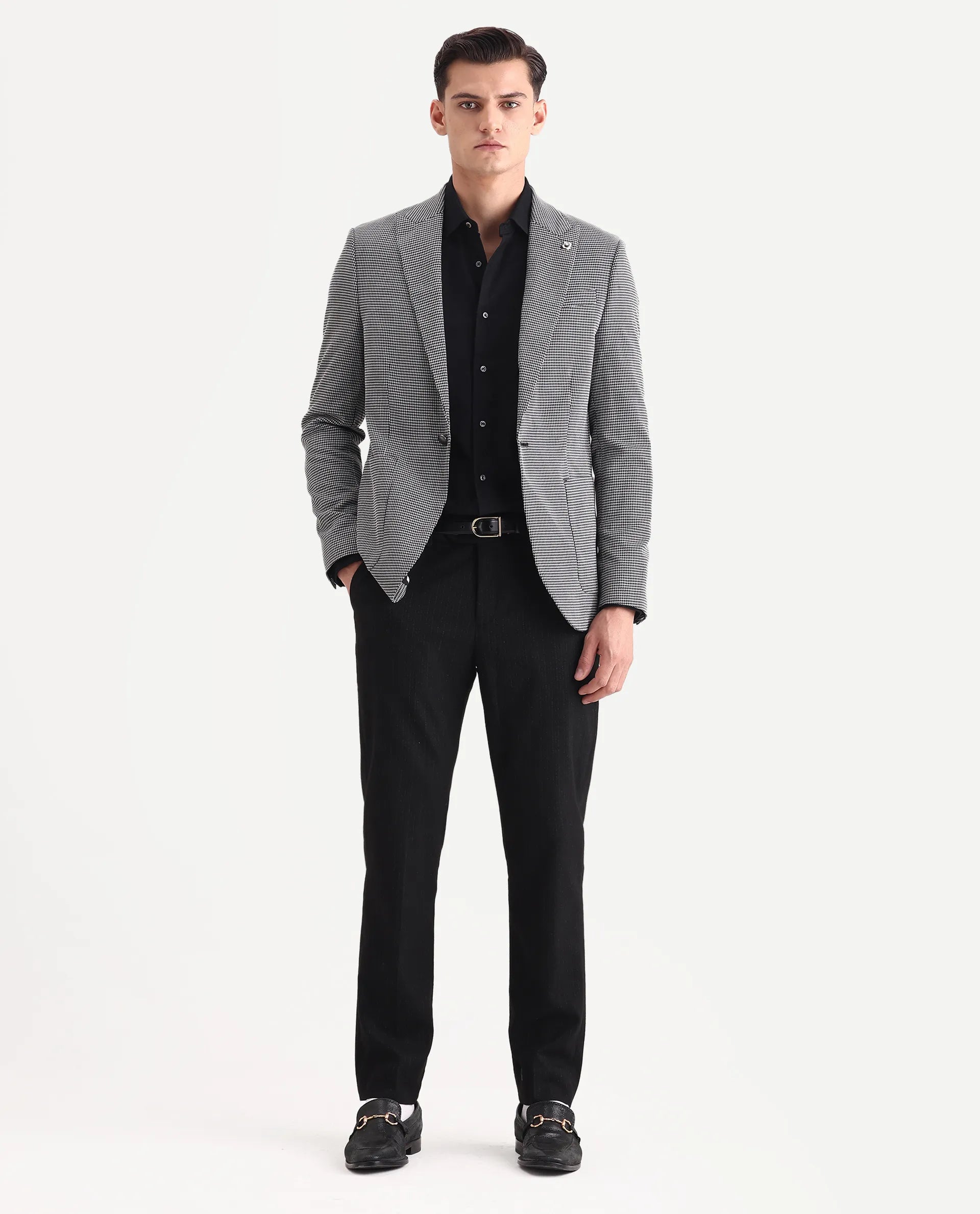 Rare Rabbit Men's Mellion Black Polyester Jacquard Tailored Fit Full Sleeve Lapel Neck Blazer