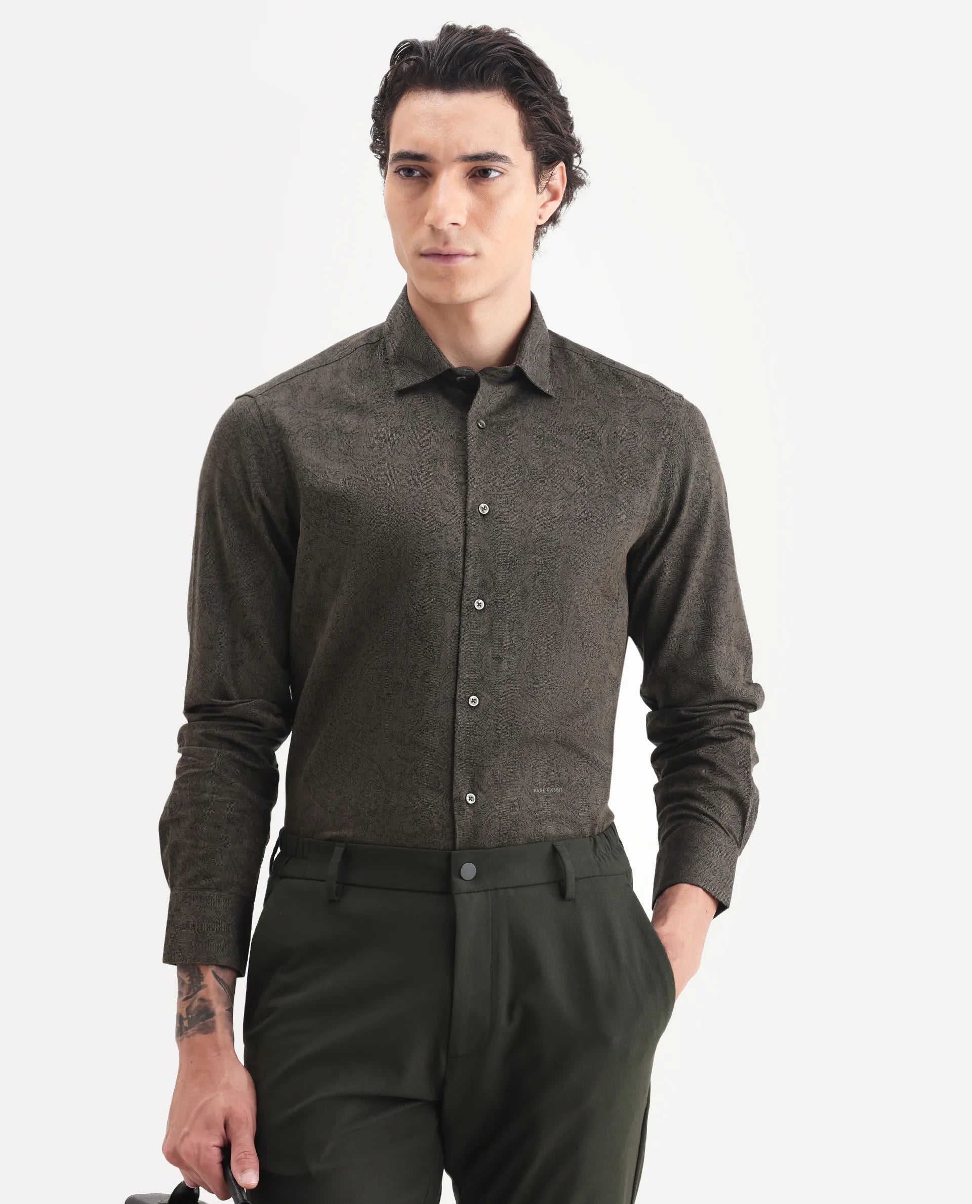 Rare Rabbit Men's Platim Green Cotton Paisley Print Regular Fit Full Sleeve Collared Shirt