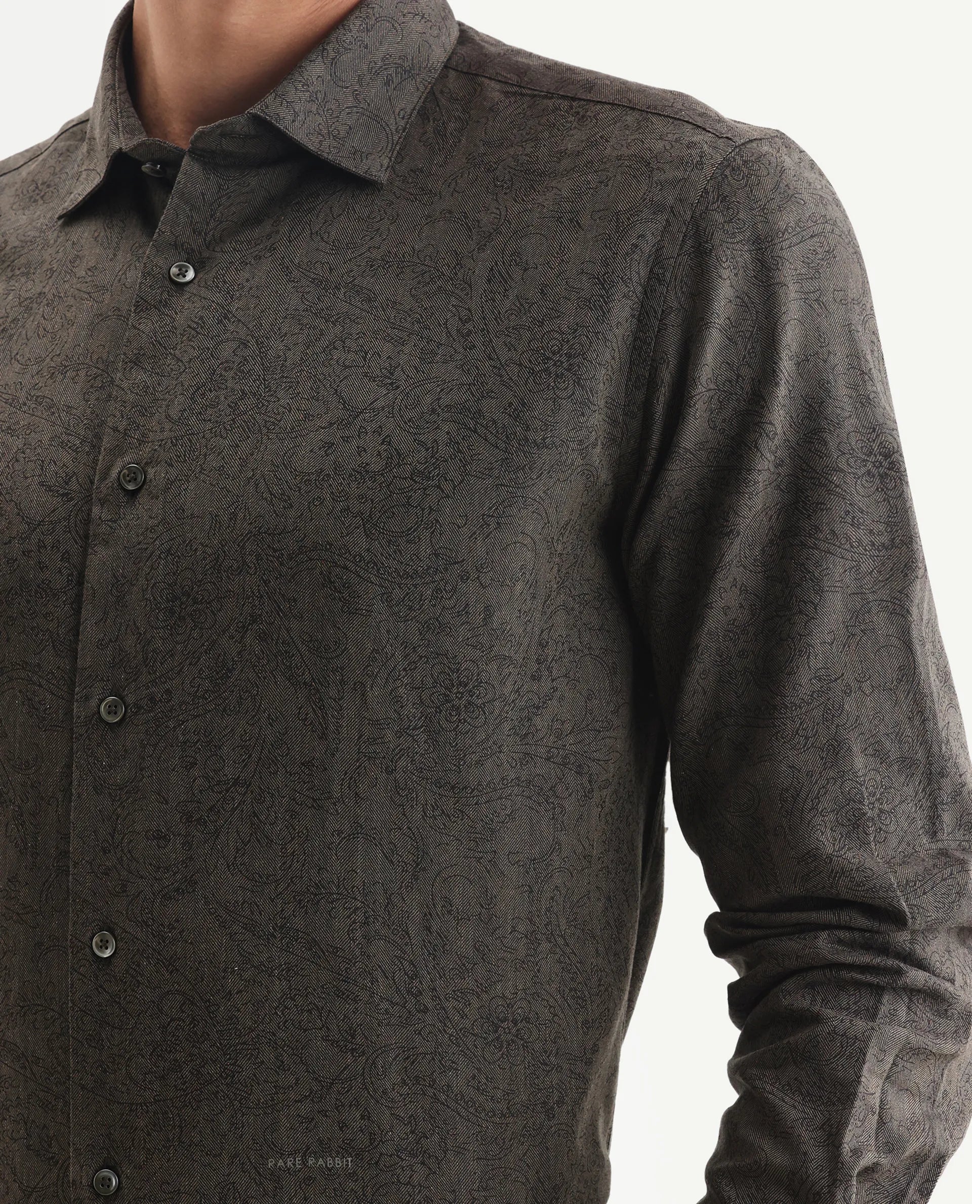 Rare Rabbit Men's Platim Green Cotton Paisley Print Regular Fit Full Sleeve Collared Shirt