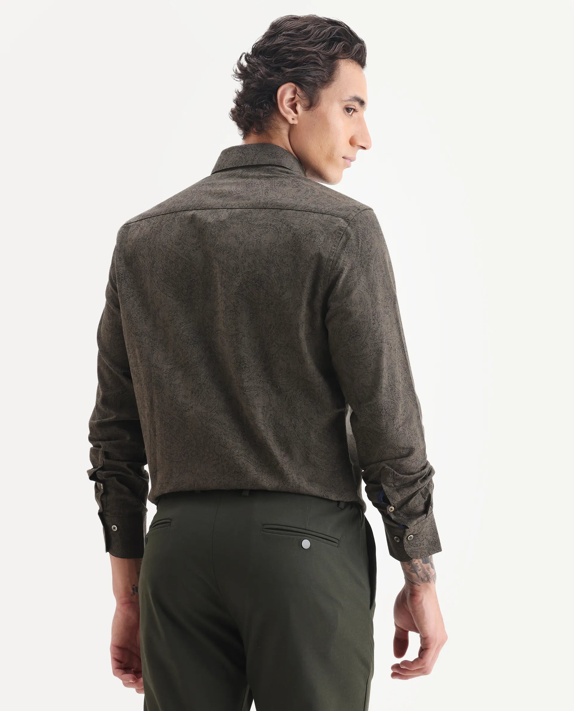 Rare Rabbit Men's Platim Green Cotton Paisley Print Regular Fit Full Sleeve Collared Shirt