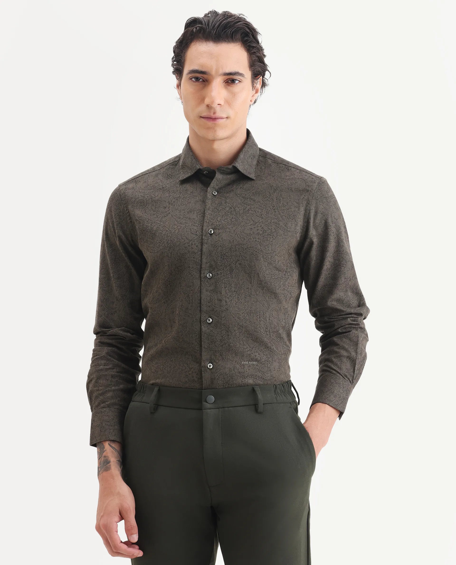 Rare Rabbit Men's Platim Green Cotton Paisley Print Regular Fit Full Sleeve Collared Shirt