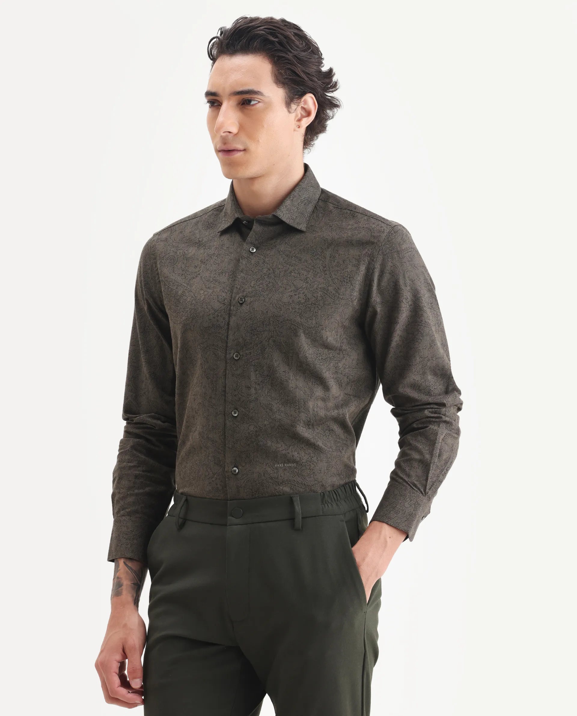 Rare Rabbit Men's Platim Green Cotton Paisley Print Regular Fit Full Sleeve Collared Shirt