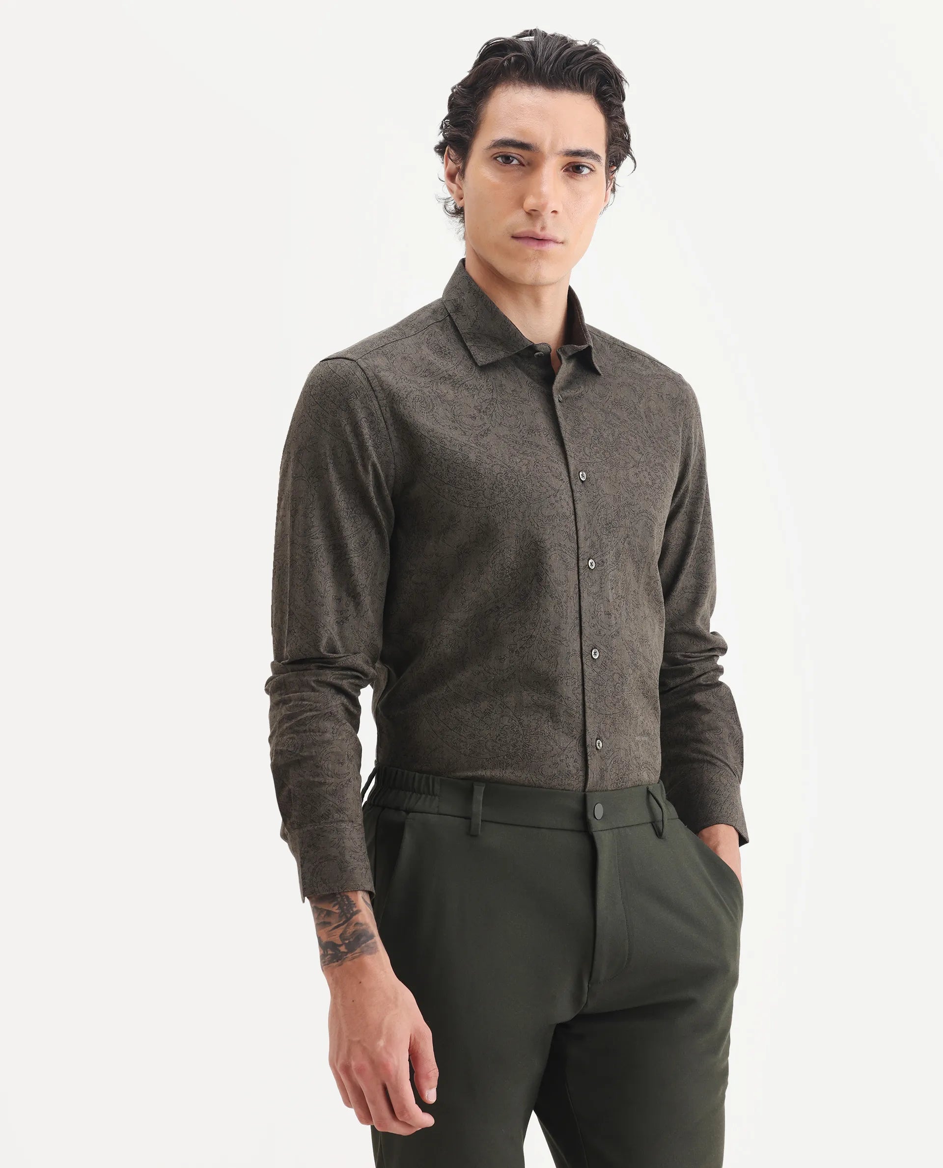 Rare Rabbit Men's Platim Green Cotton Paisley Print Regular Fit Full Sleeve Collared Shirt