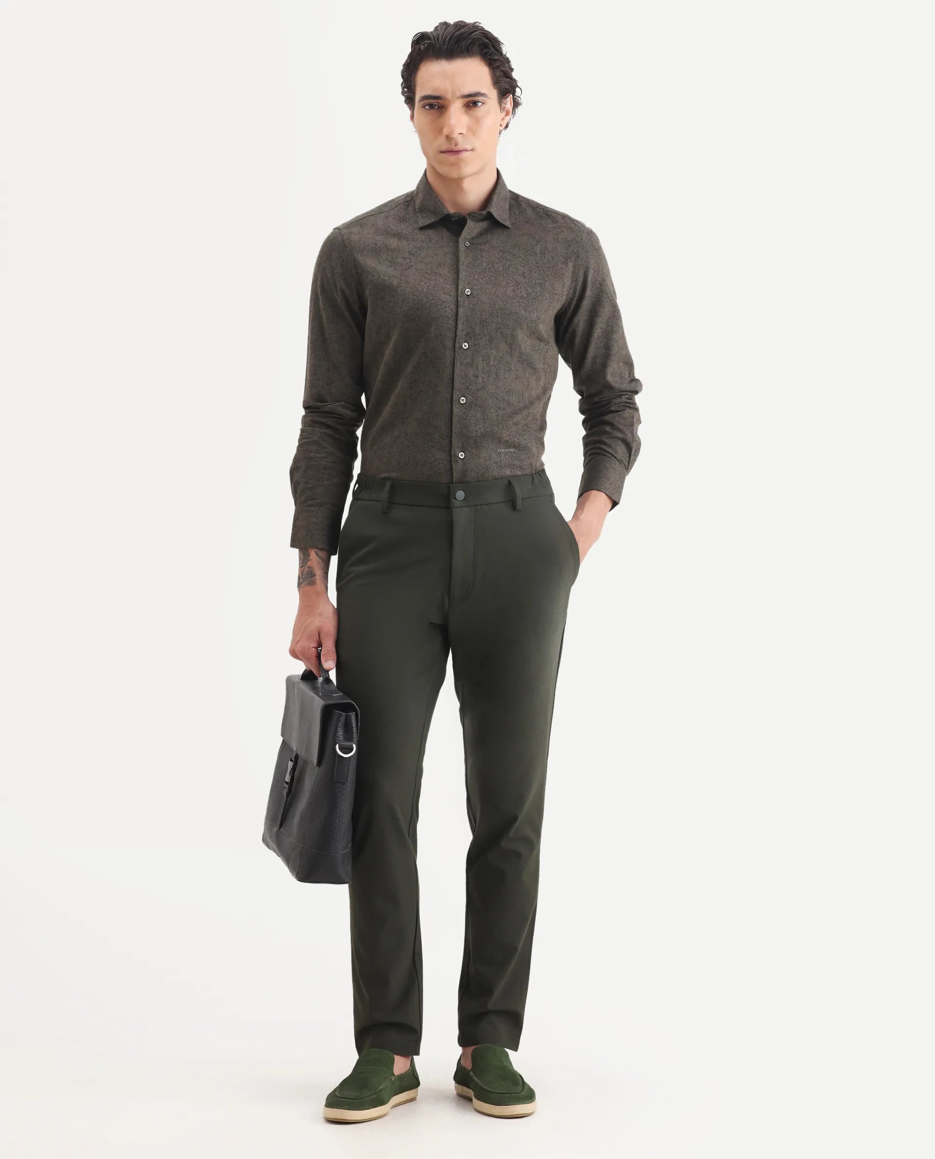 Rare Rabbit Men's Platim Green Cotton Paisley Print Regular Fit Full Sleeve Collared Shirt