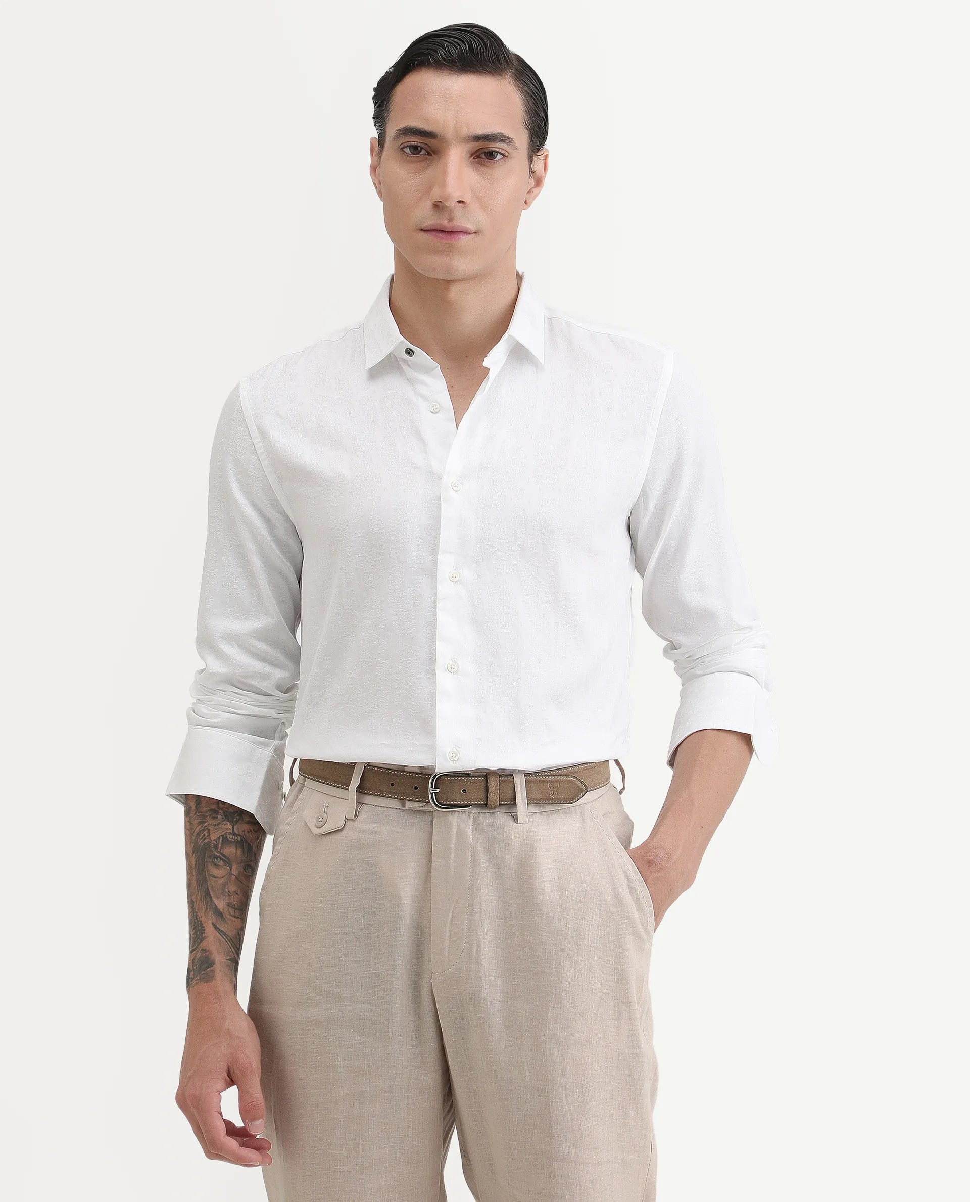 Rare Rabbit Men's Cina White Cotton Jacquard Regular Fit Full Sleeve Spread Collar Shirt