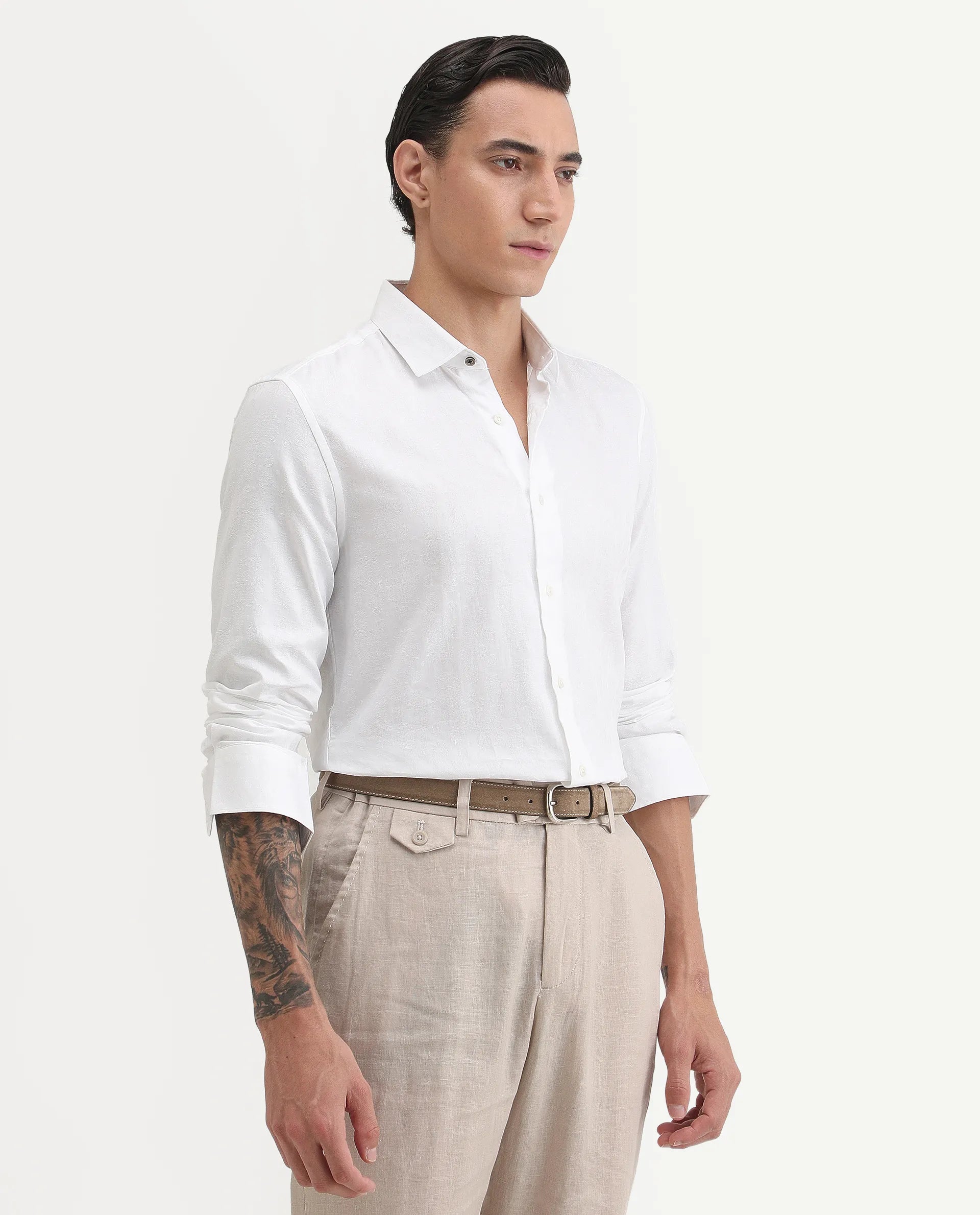 Rare Rabbit Men's Cina White Cotton Jacquard Regular Fit Full Sleeve Spread Collar Shirt