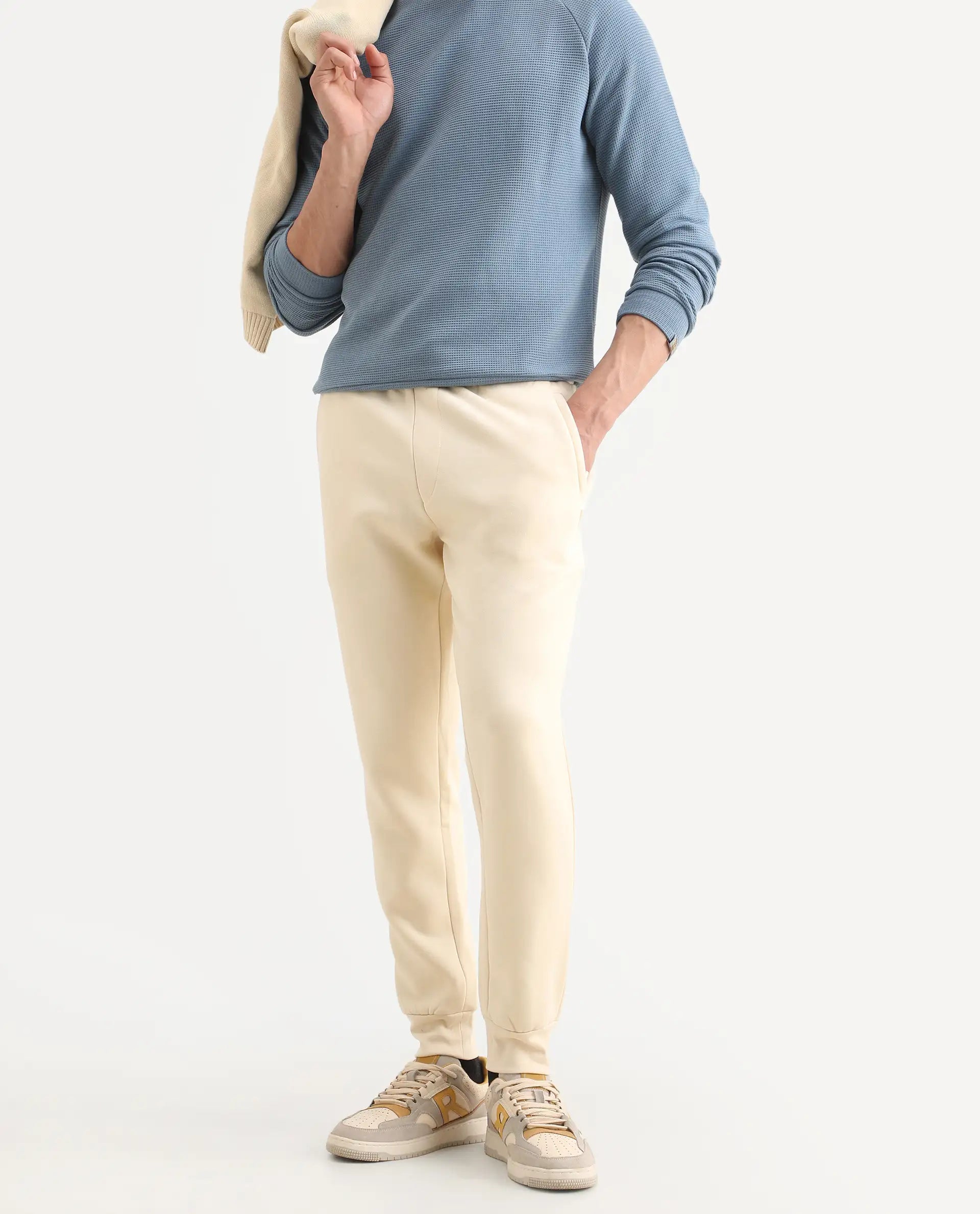 Rare Rabbit Men's Bard Light Yellow Cotton Plain Regular Fit Track Pant