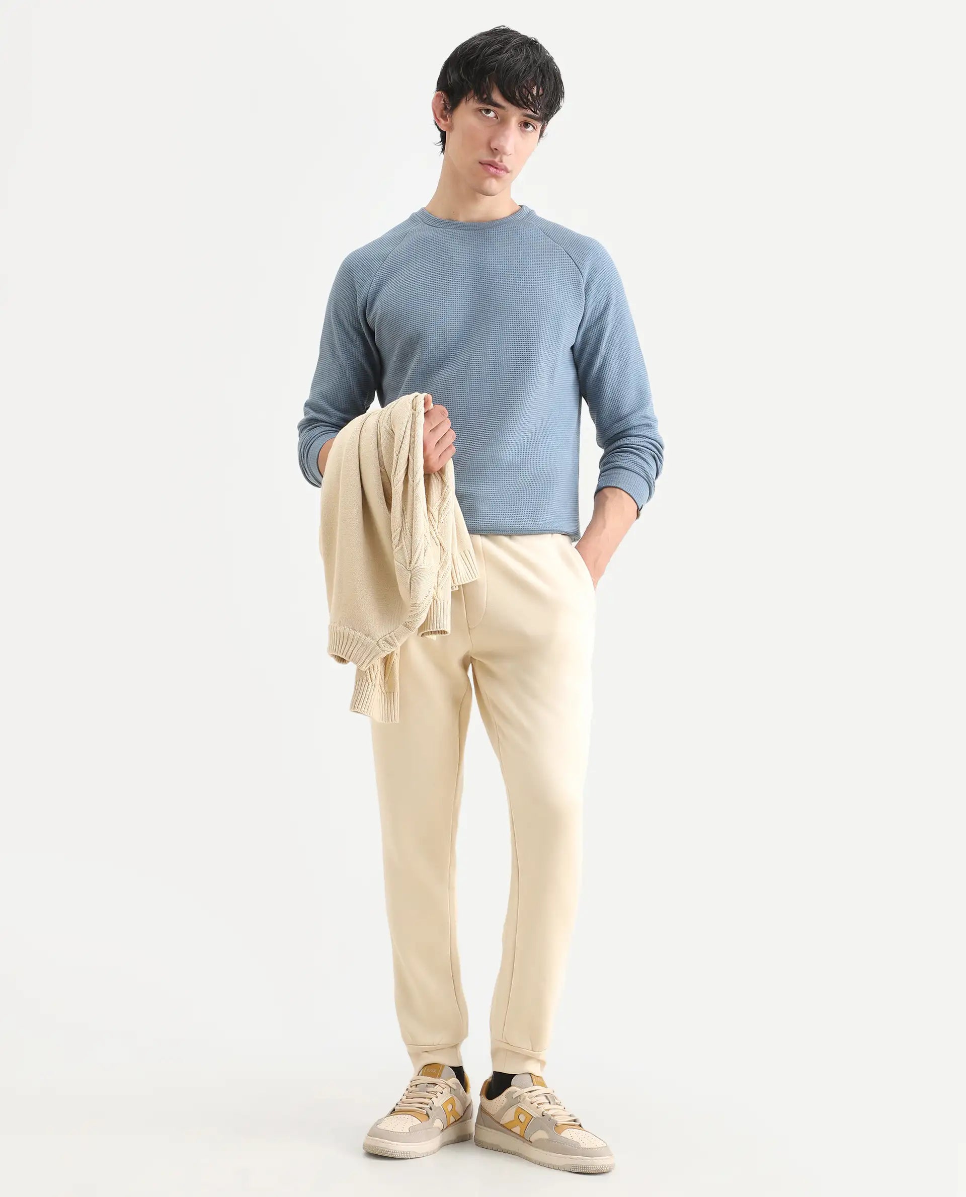 Rare Rabbit Men's Bard Light Yellow Cotton Plain Regular Fit Track Pant