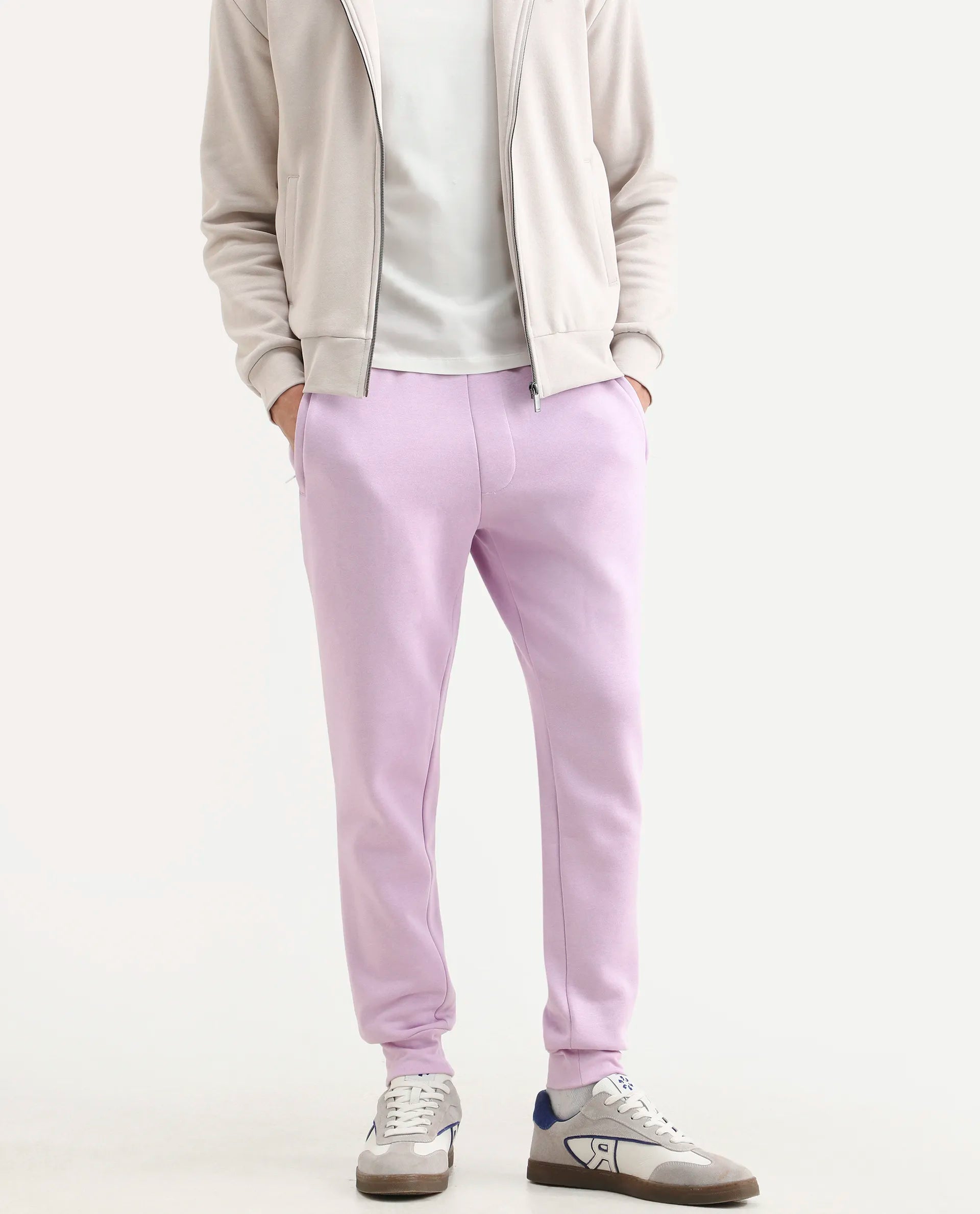 Rare Rabbit Men's Stormy Pastel Purple Cotton Plain Regular Fit Joggers