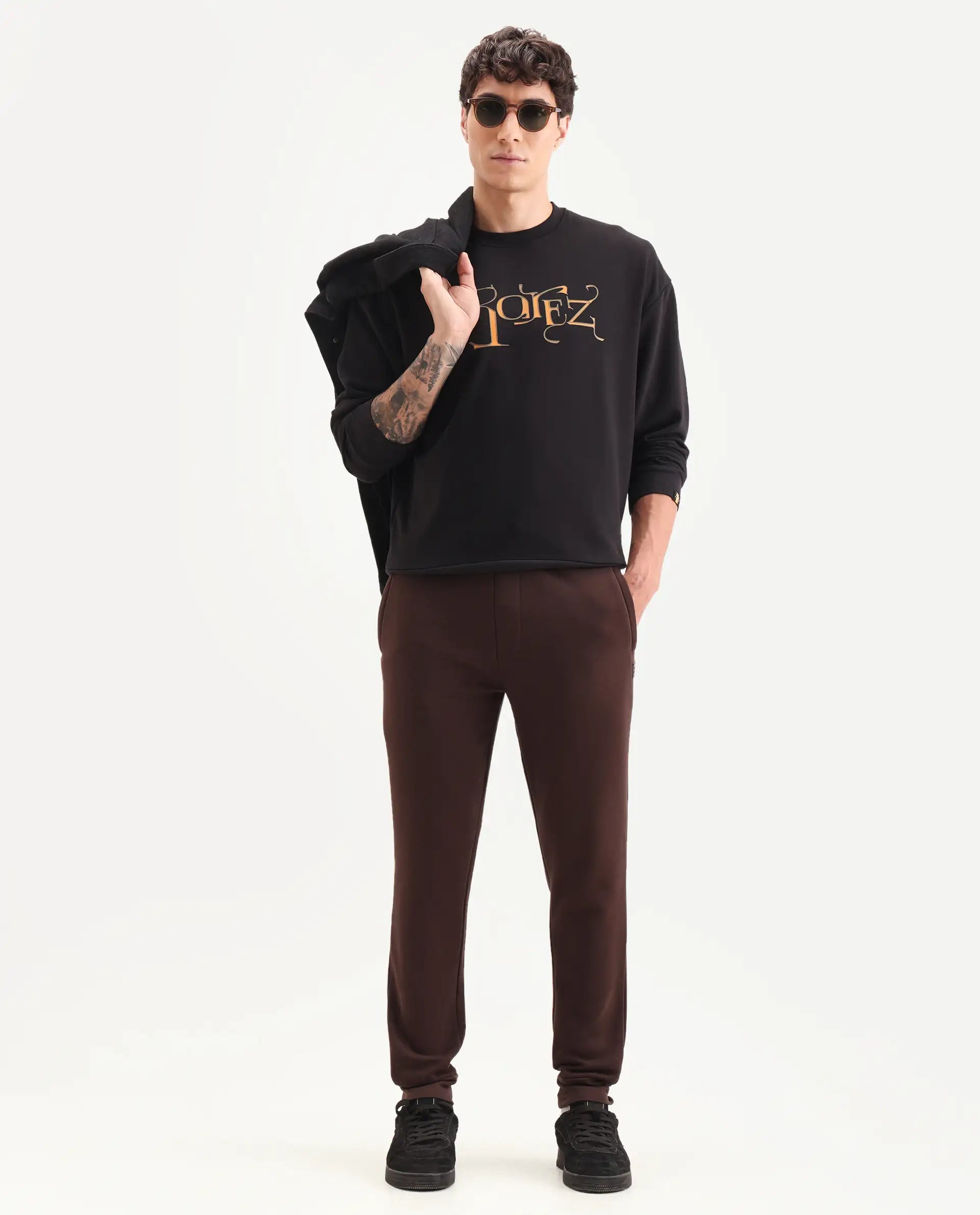 Rare Rabbit Men's Vik Brown Cotton Plain Regular Fit Joggers