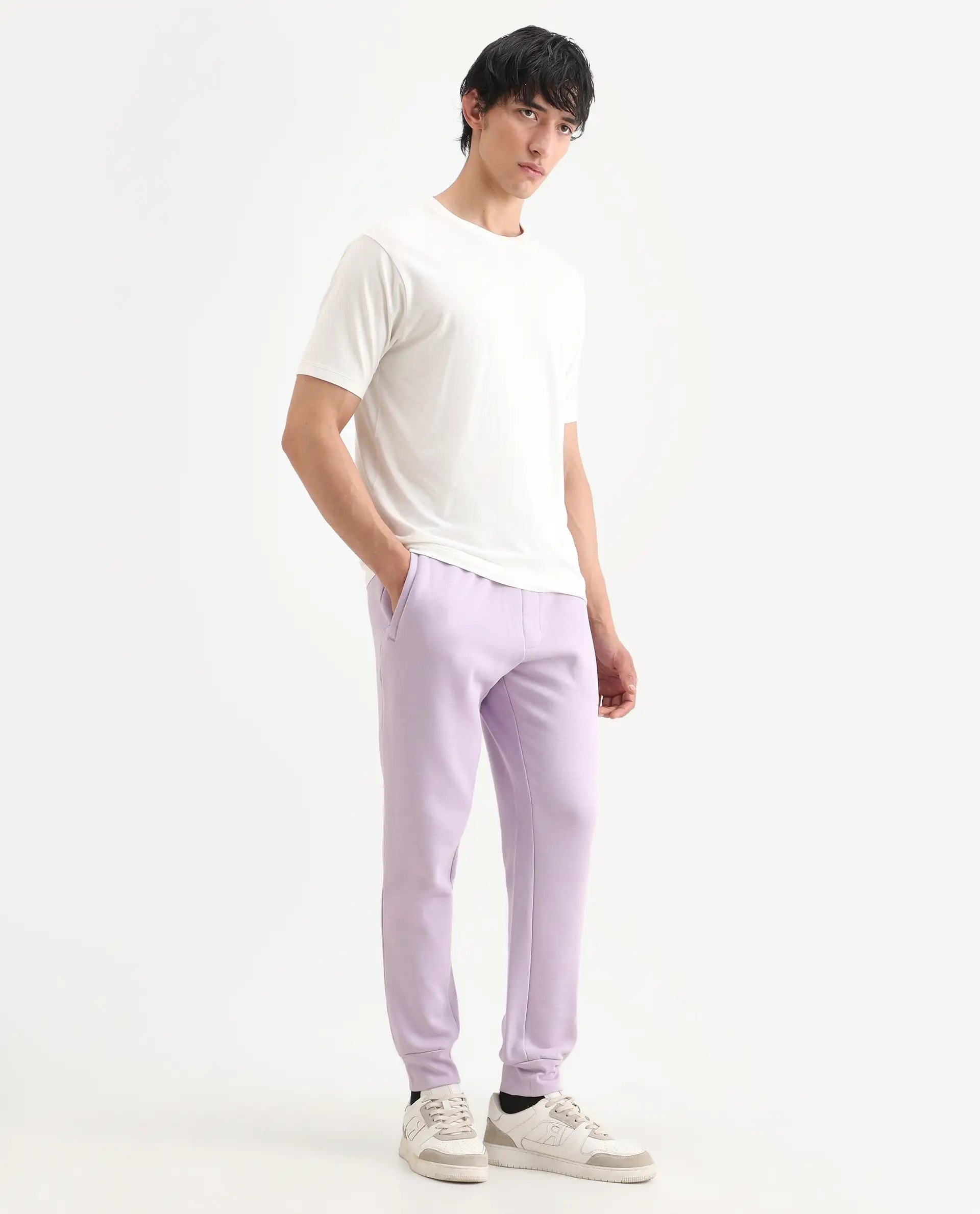 Rare Rabbit Men's Castle Bay Pastel Purple Cotton Plain Regular Fit Joggers