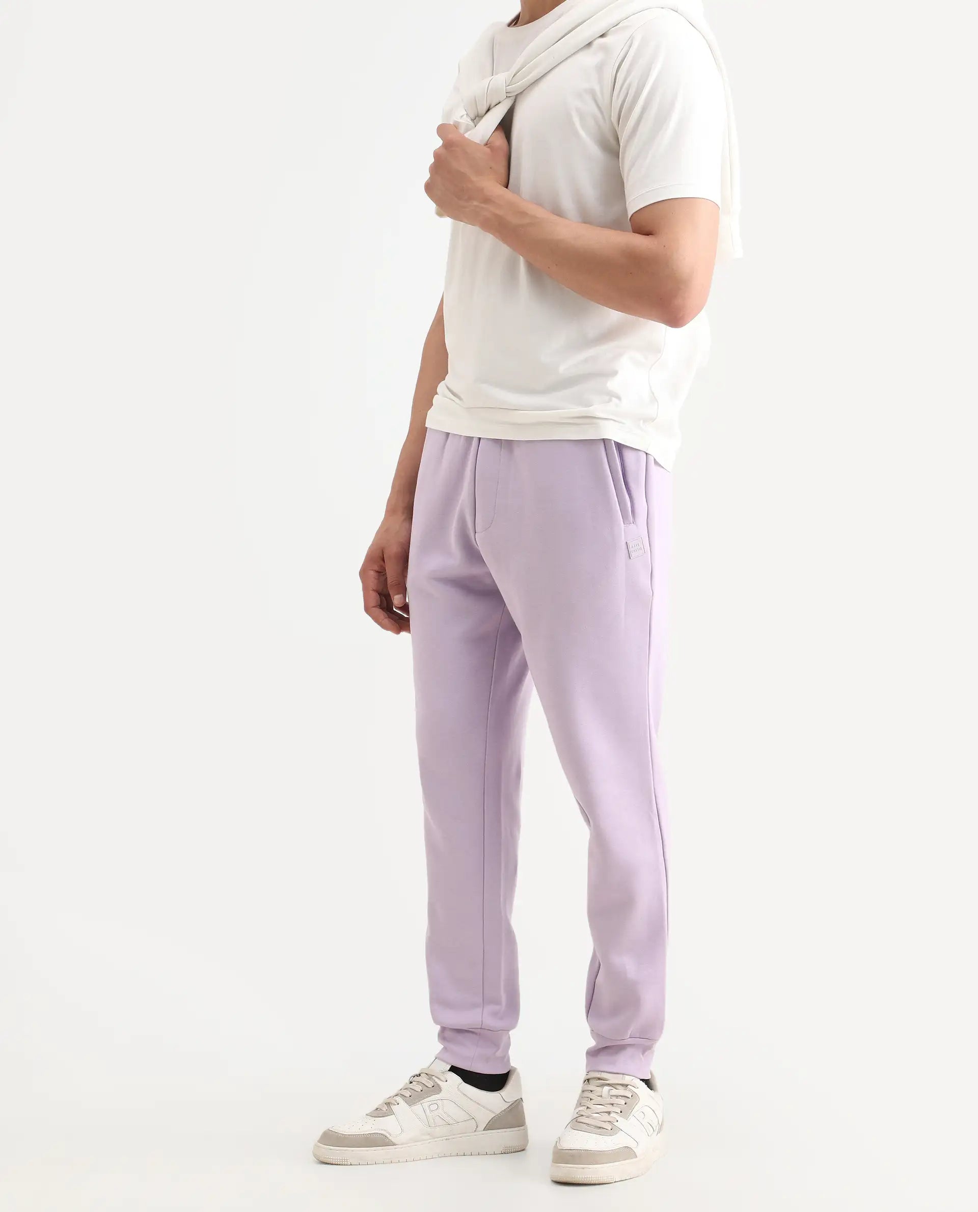Rare Rabbit Men's Castle Bay Pastel Purple Cotton Plain Regular Fit Joggers