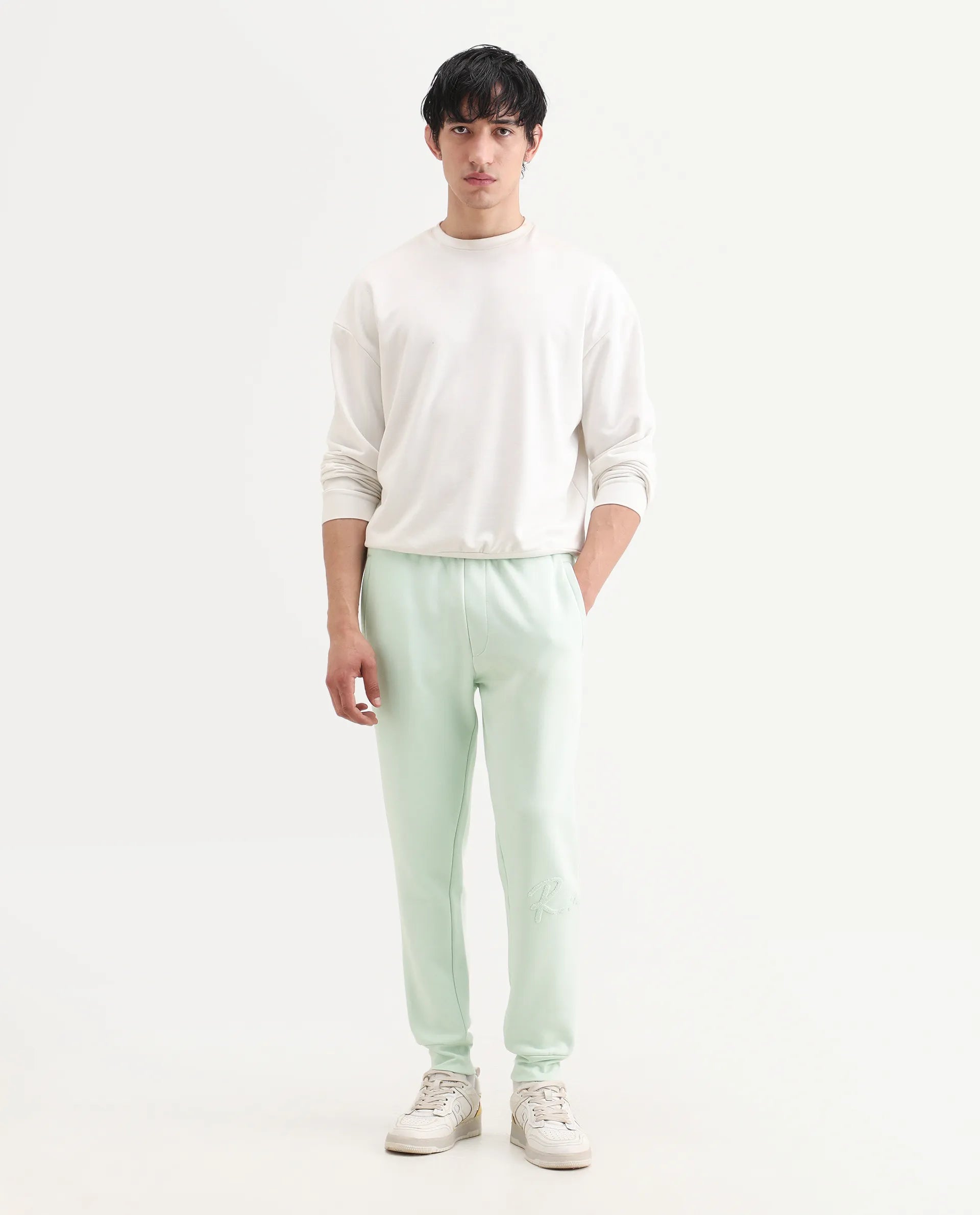Rare Rabbit Men's Glame Light Green Cotton Plain Regular Fit Joggers