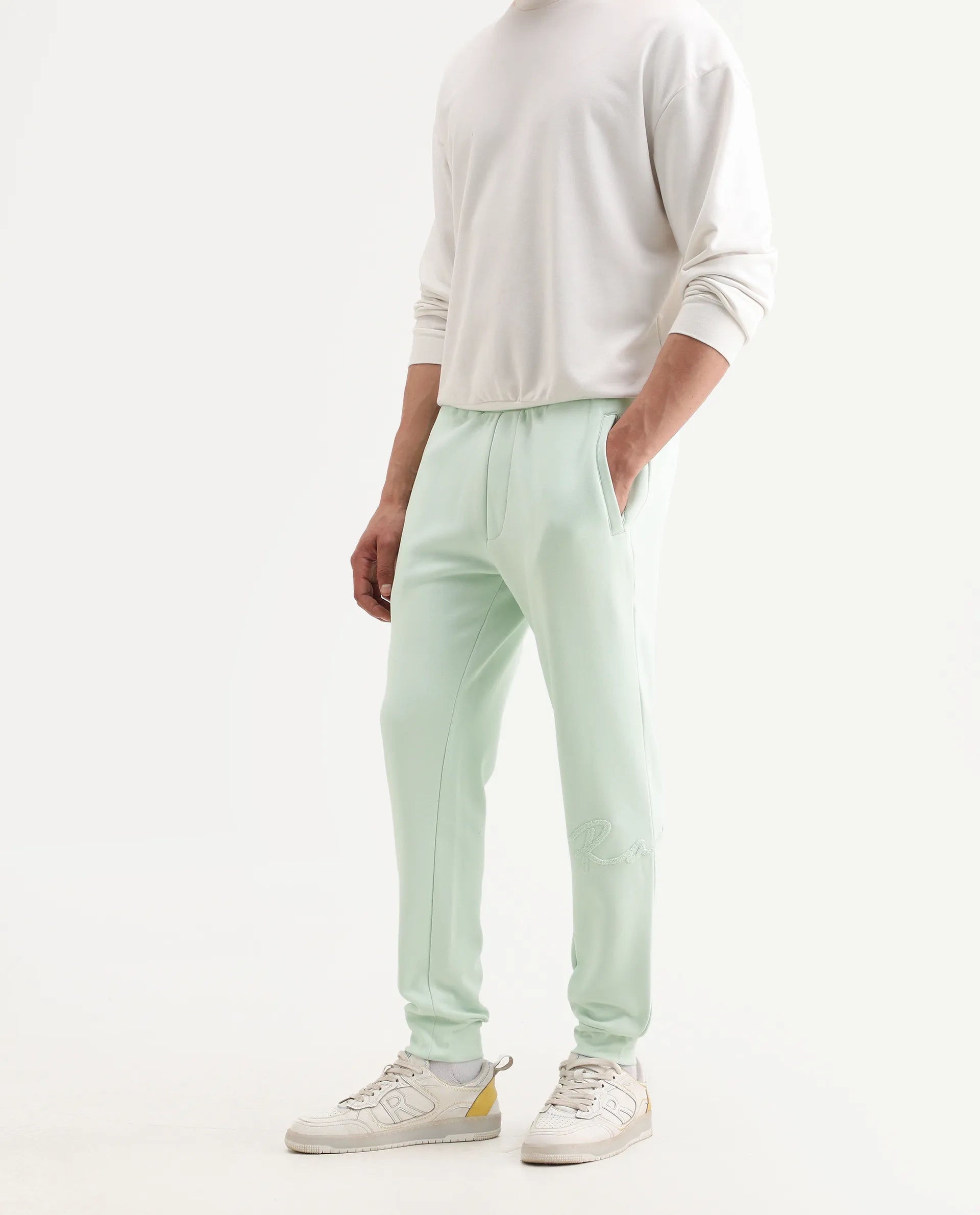 Rare Rabbit Men's Glame Light Green Cotton Plain Regular Fit Joggers