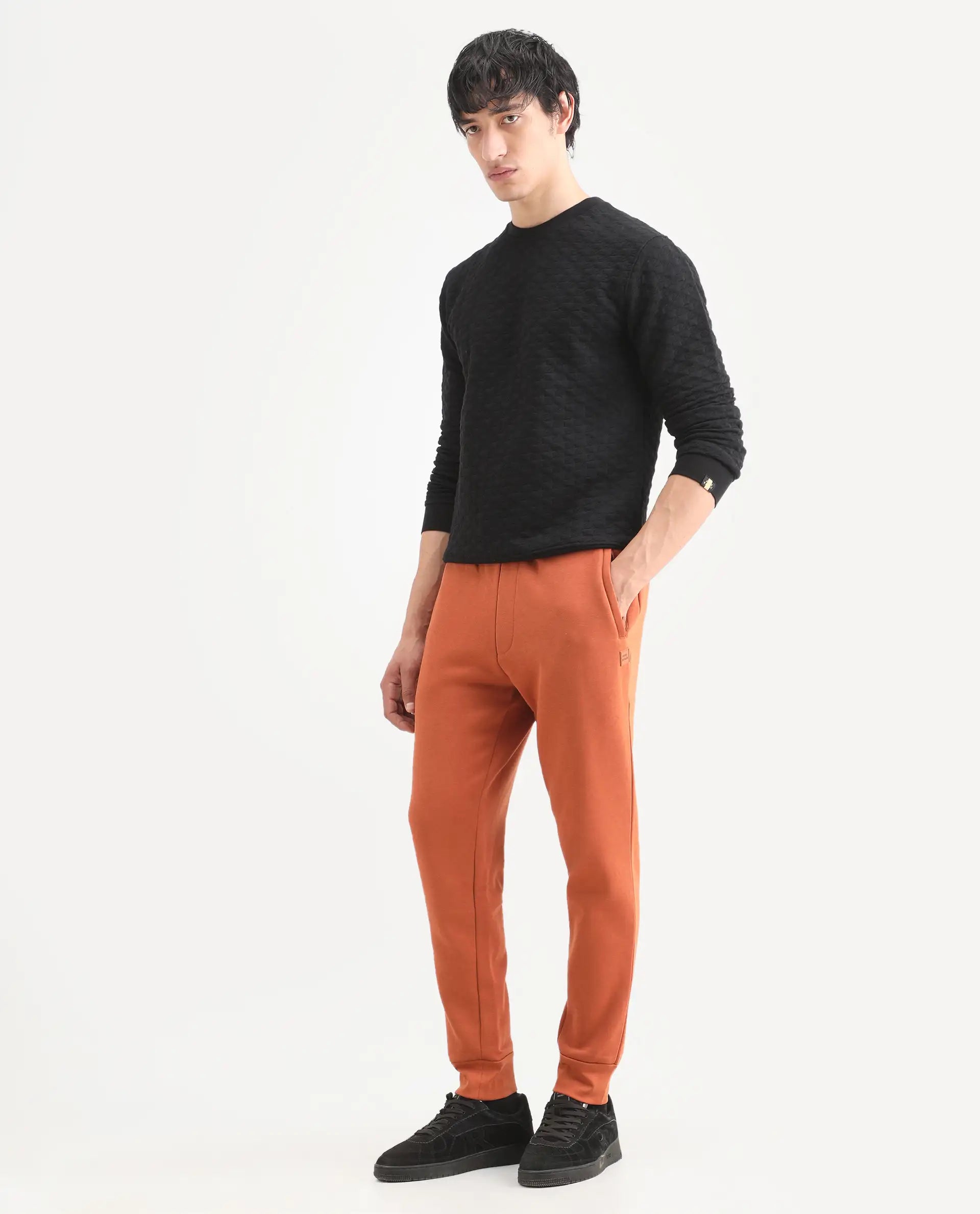 Rare Rabbit Men's Bifrost Rust Cotton Plain Regular Fit Joggers