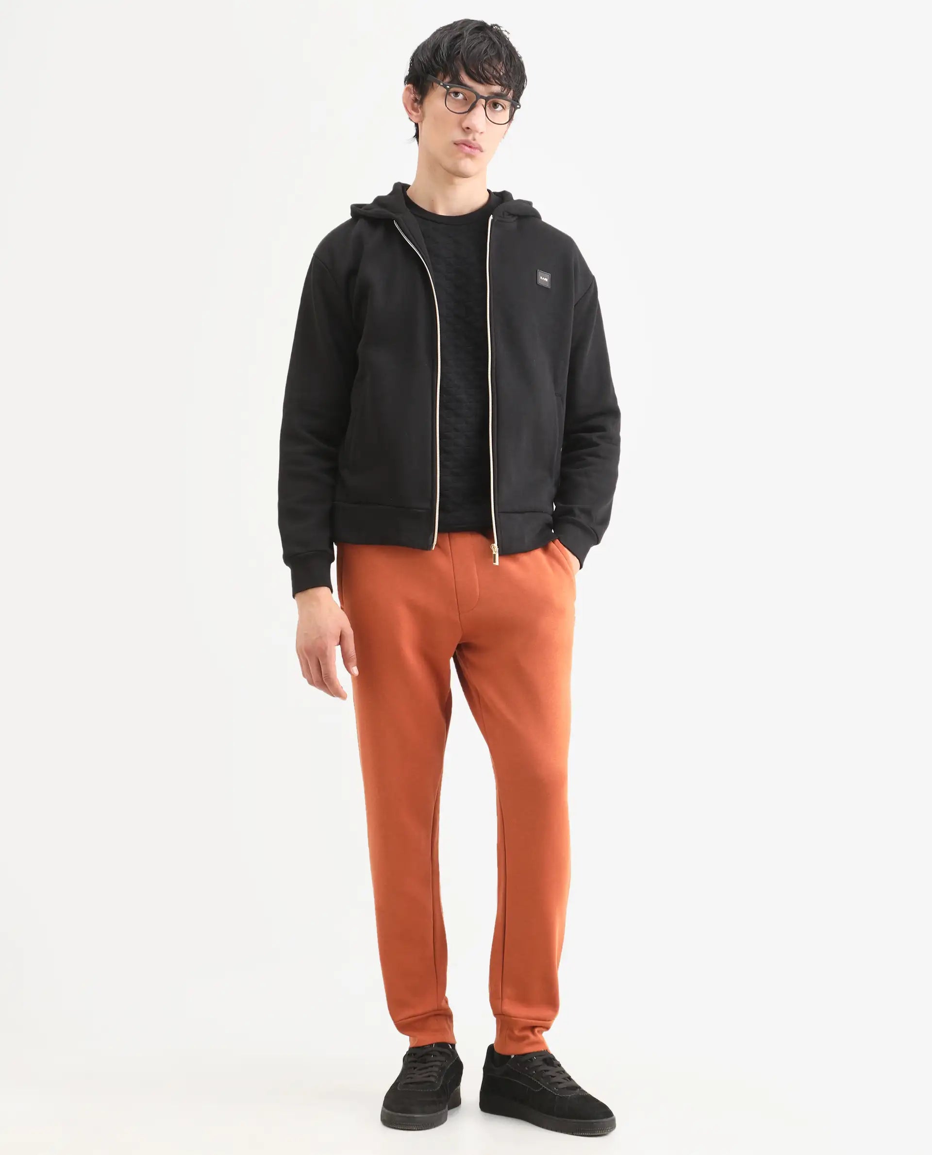 Rare Rabbit Men's Bifrost Rust Cotton Plain Regular Fit Joggers