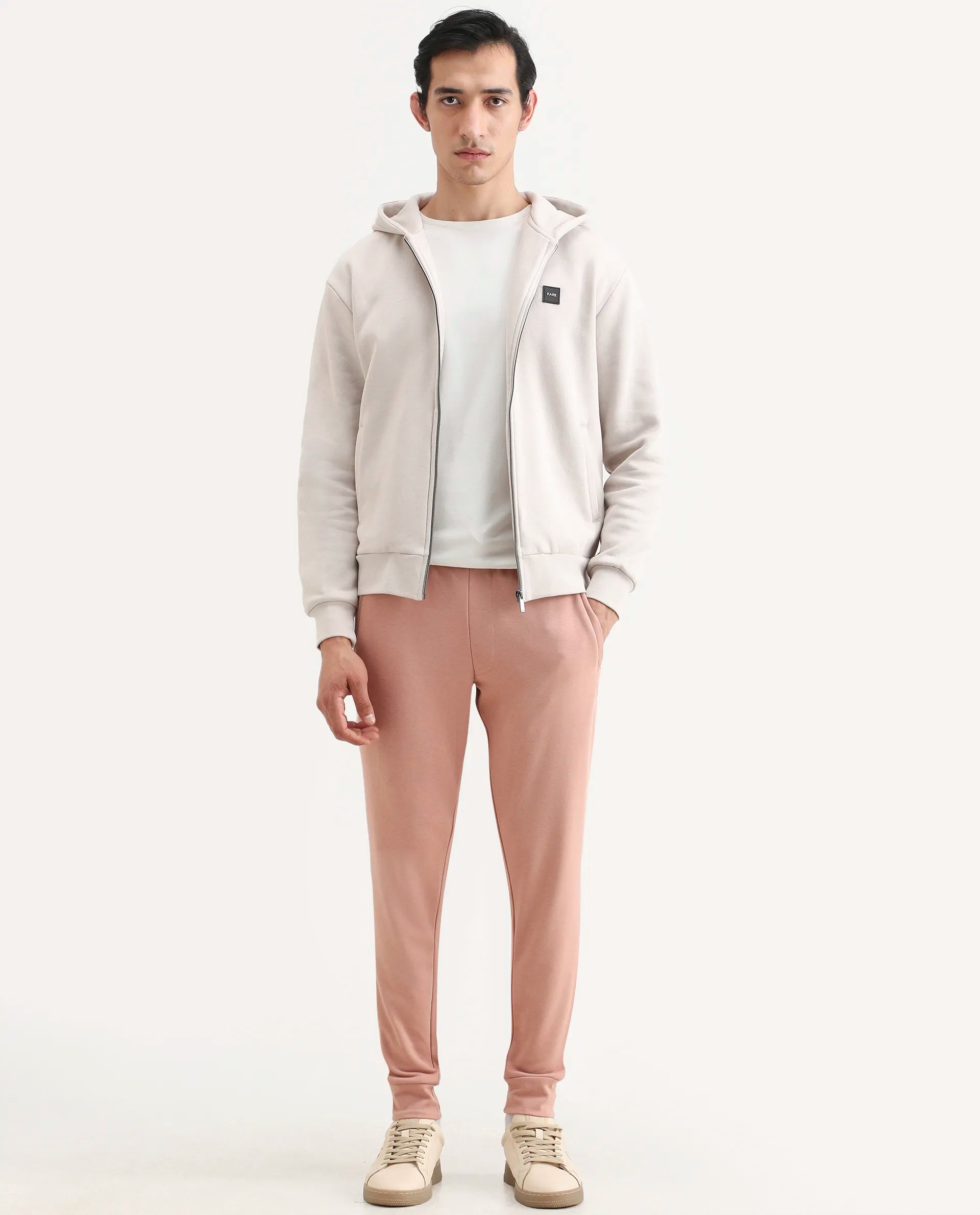 Rare Rabbit Men's Saku Peach Cotton Plain Regular Fit Joggers
