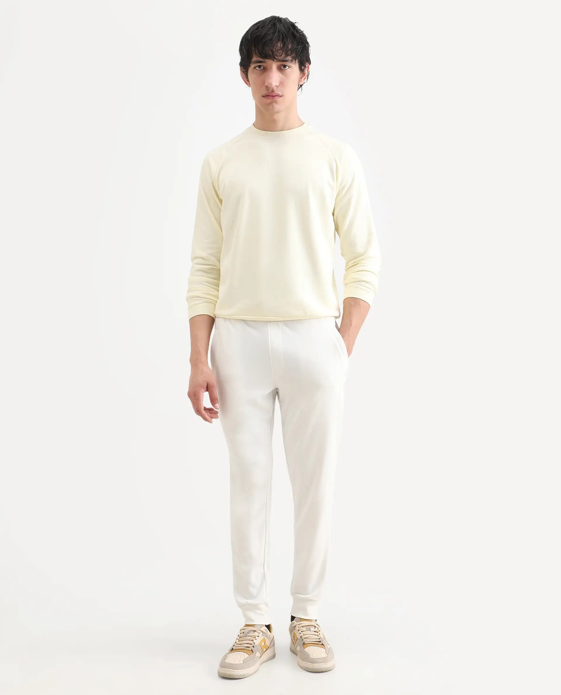 Rare Rabbit Men's Toyo Off White Cotton Plain Regular Fit Joggers