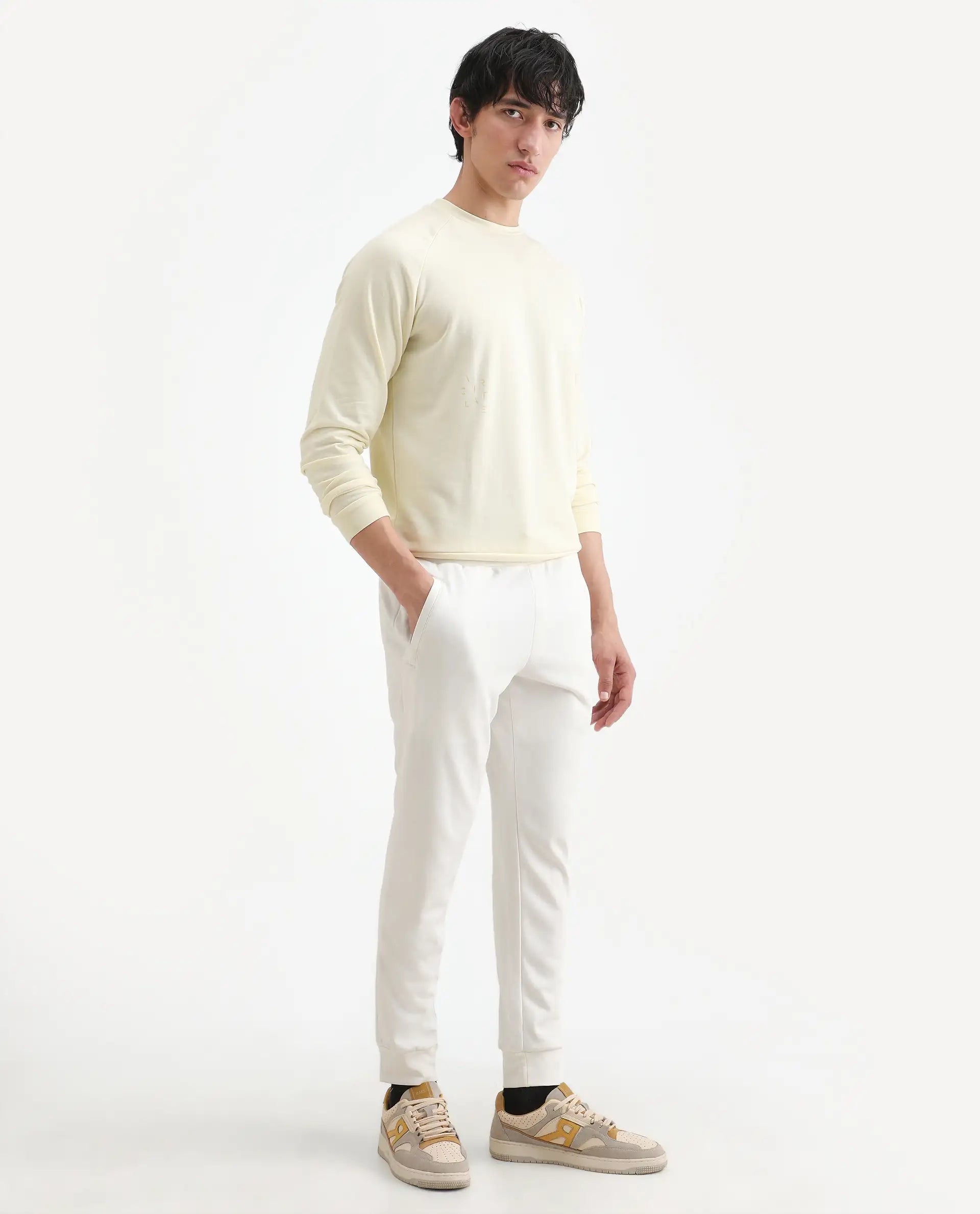 Rare Rabbit Men's Toyo Off White Cotton Plain Regular Fit Joggers