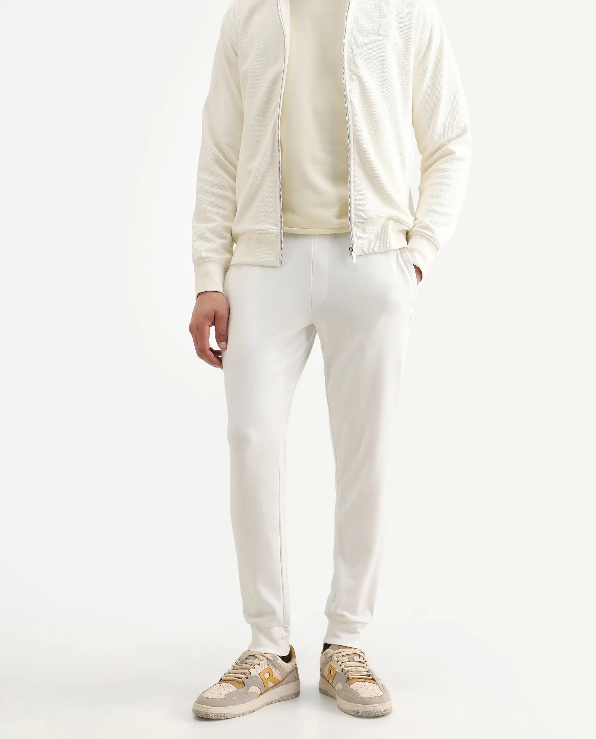 Rare Rabbit Men's Toyo Off White Cotton Plain Regular Fit Joggers