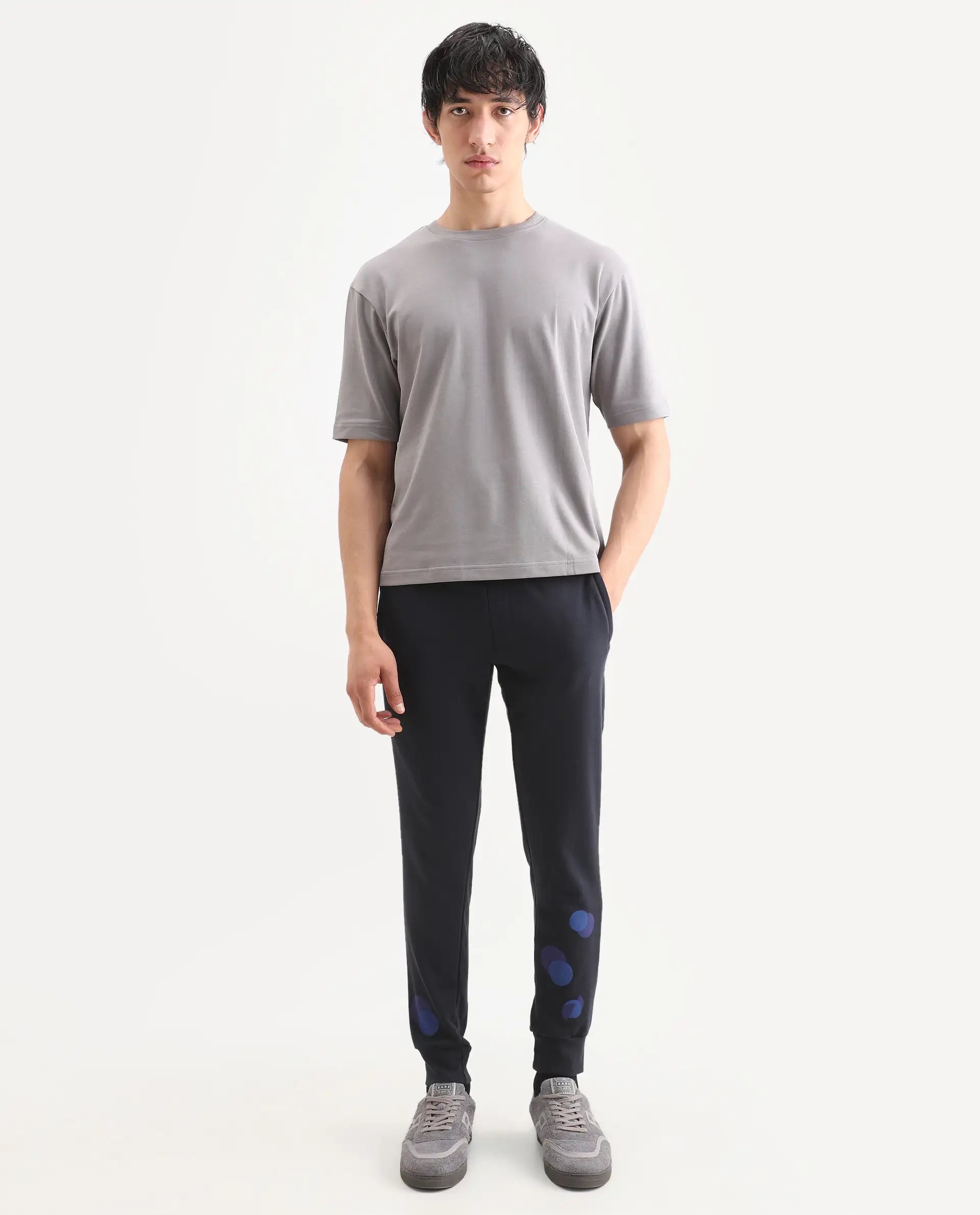 Rare Rabbit Men's Toka Navy Cotton Polka Print Regular Fit Joggers