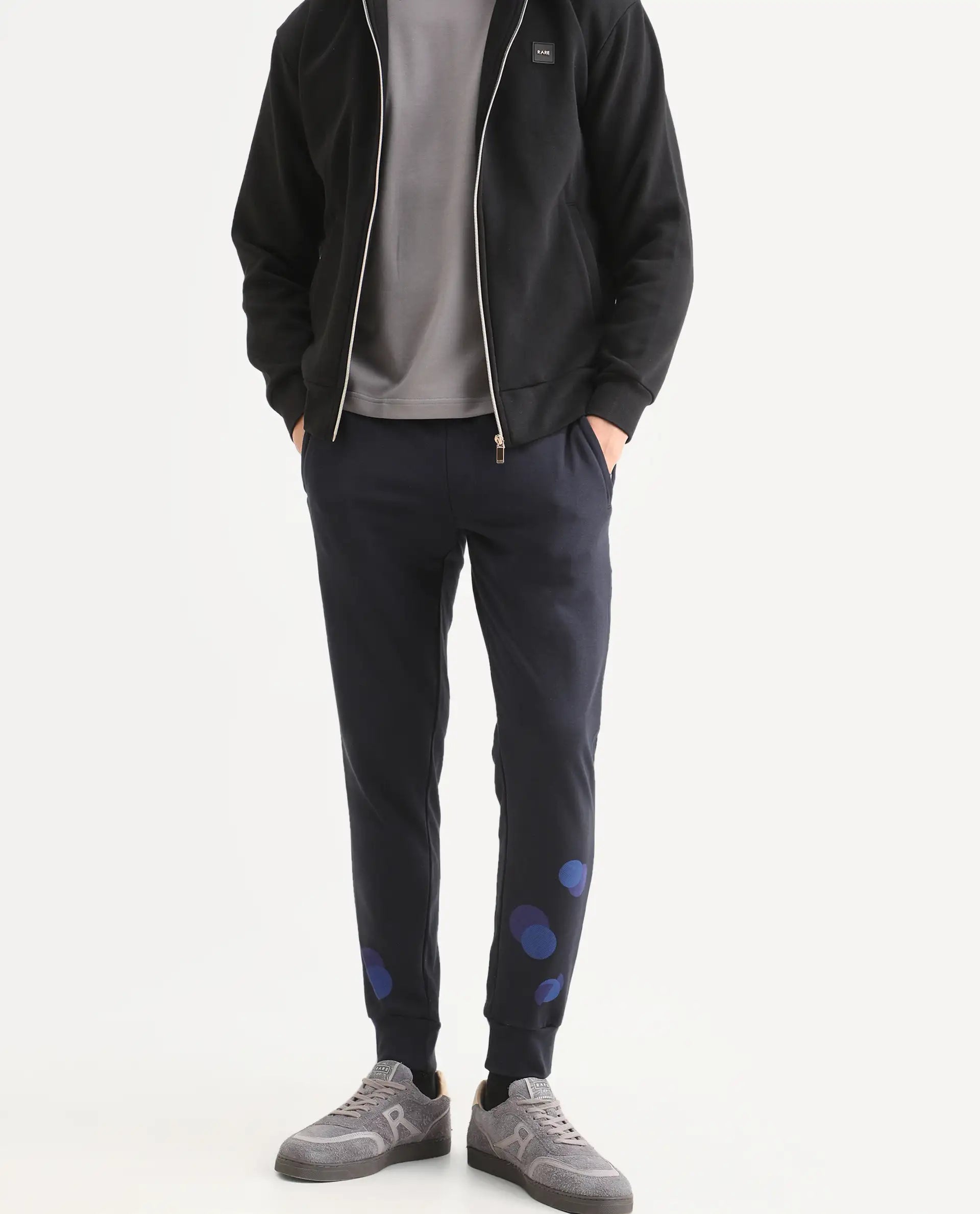 Rare Rabbit Men's Toka Navy Cotton Polka Print Regular Fit Joggers