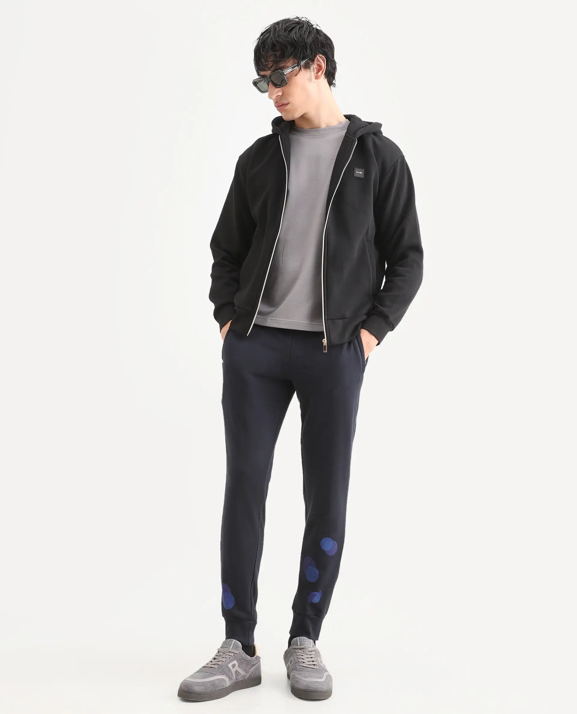 Rare Rabbit Men's Toka Navy Cotton Polka Print Regular Fit Joggers