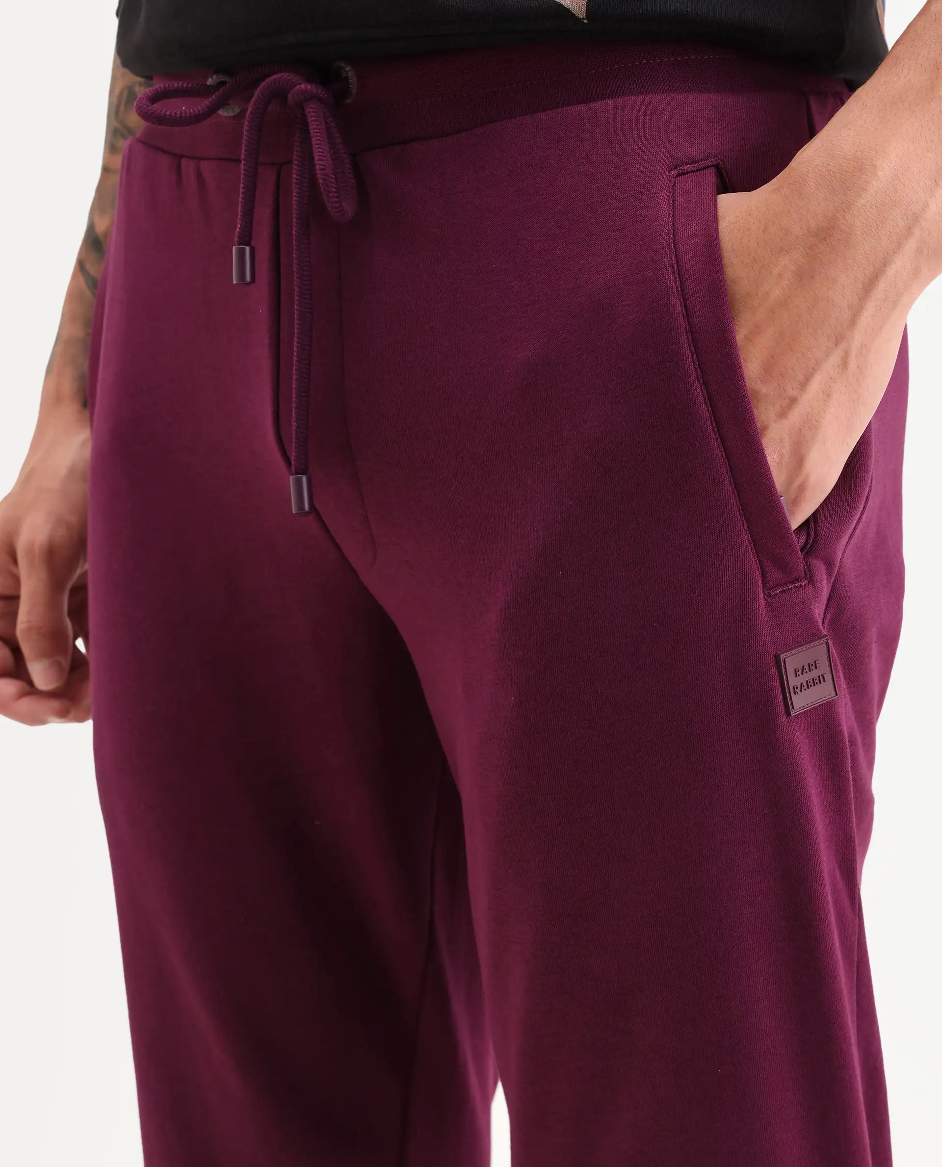 Rare Rabbit Men's Matsu Maroon Cotton Plain Regular Fit Joggers