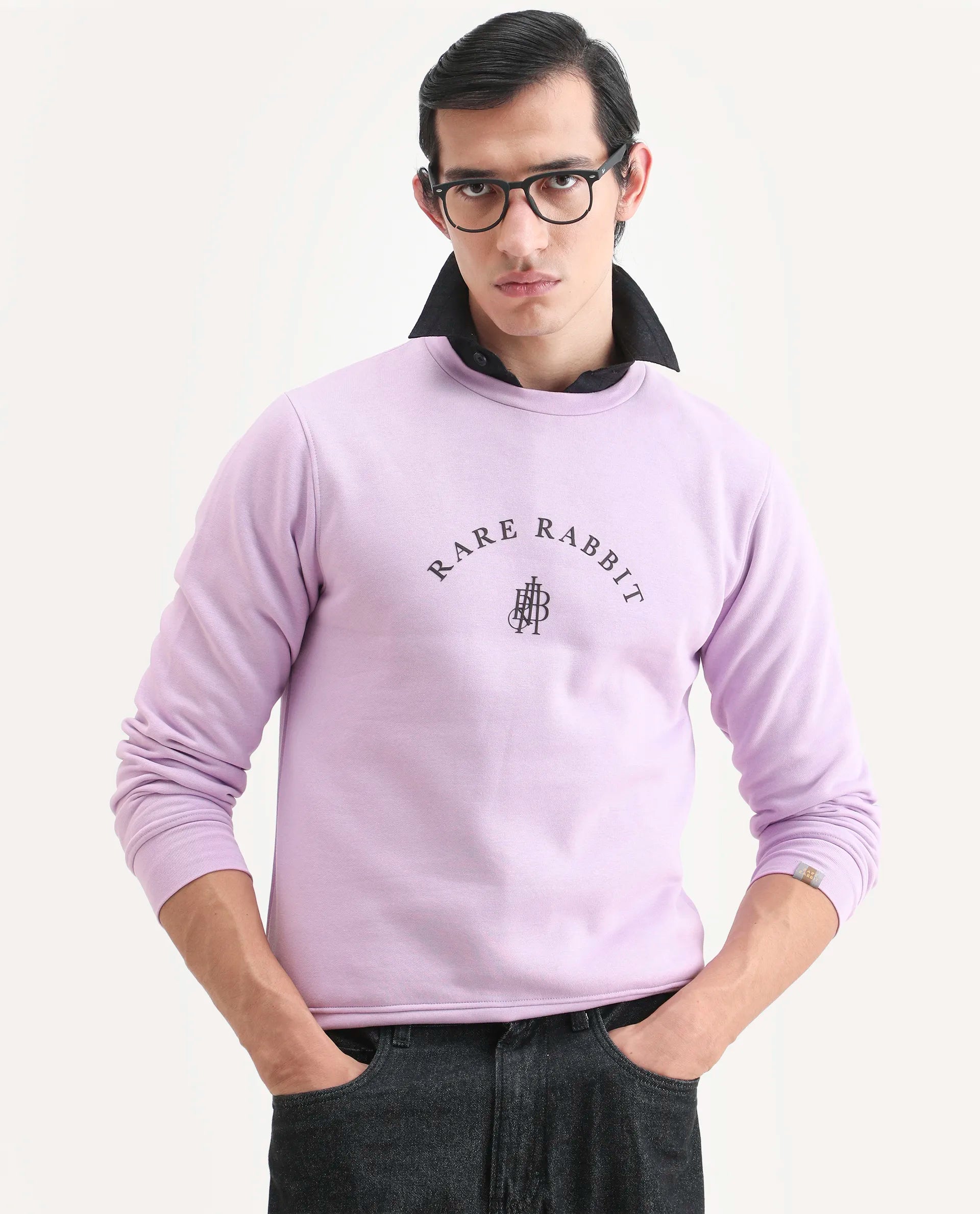 Rare Rabbit Men's Nomic Pastel Purple Cotton Graphic Print Regular Fit Full Sleeve Crew Neck Sweatshirt