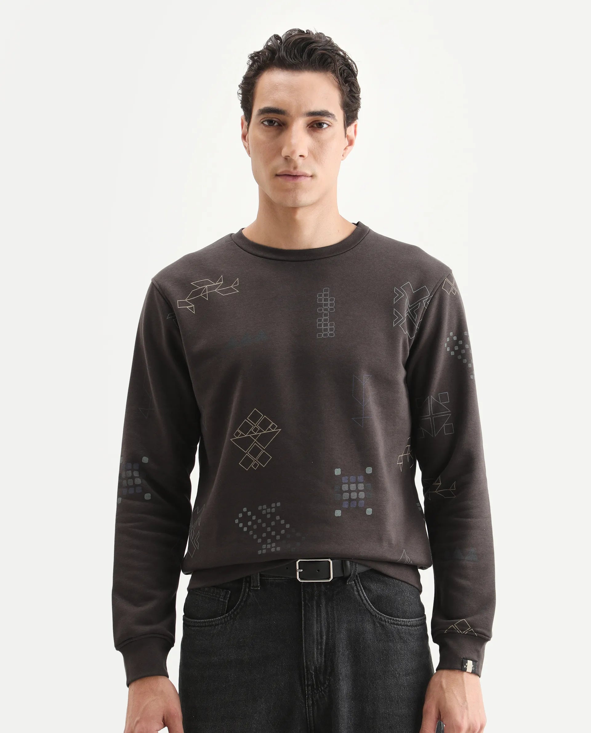 Rare Rabbit Men's Oli Brown Cotton Graphic Print Relaxed Fit Full Sleeve Crew Neck Sweatshirt