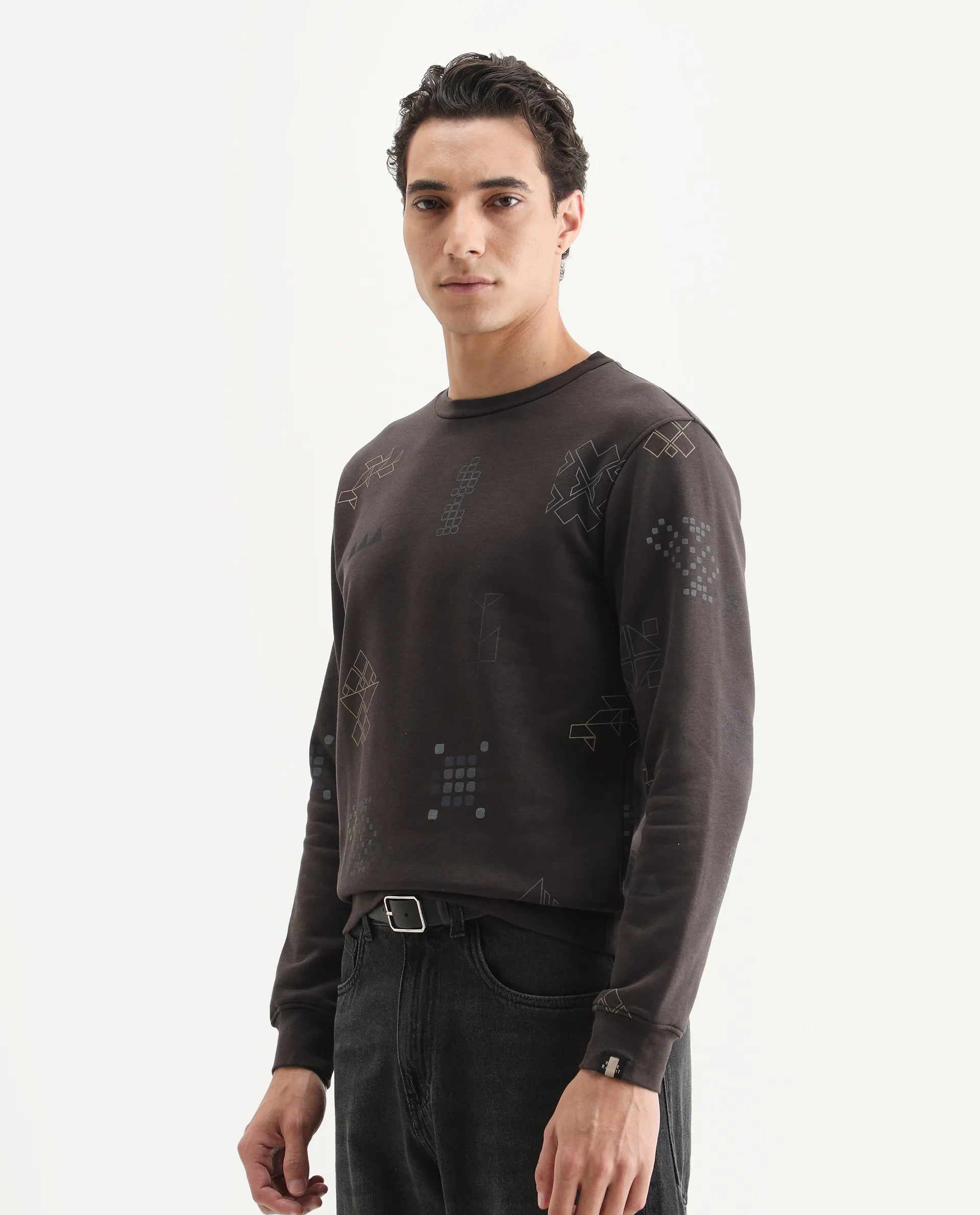 Rare Rabbit Men's Oli Brown Cotton Graphic Print Relaxed Fit Full Sleeve Crew Neck Sweatshirt