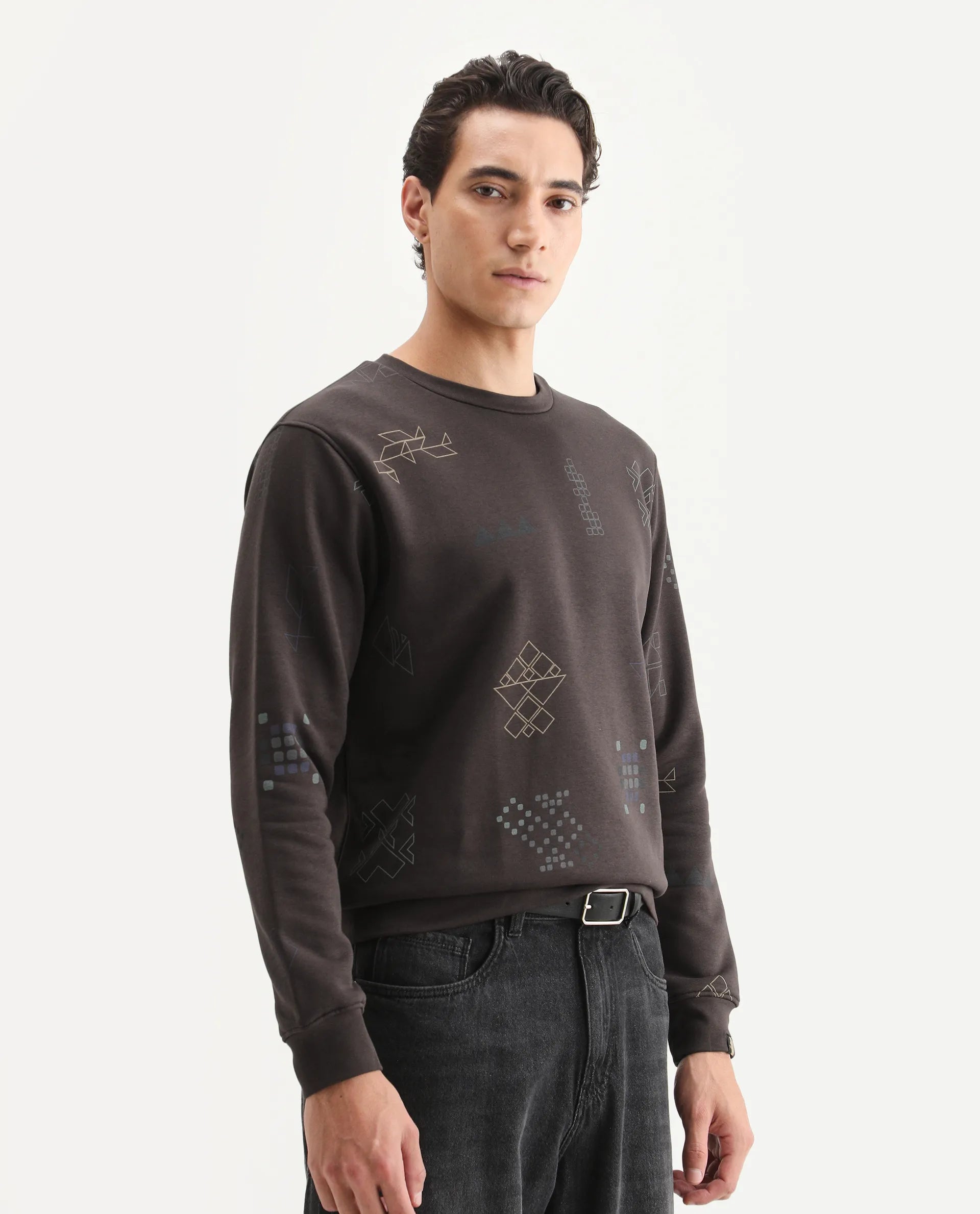 Rare Rabbit Men's Oli Brown Cotton Graphic Print Relaxed Fit Full Sleeve Crew Neck Sweatshirt