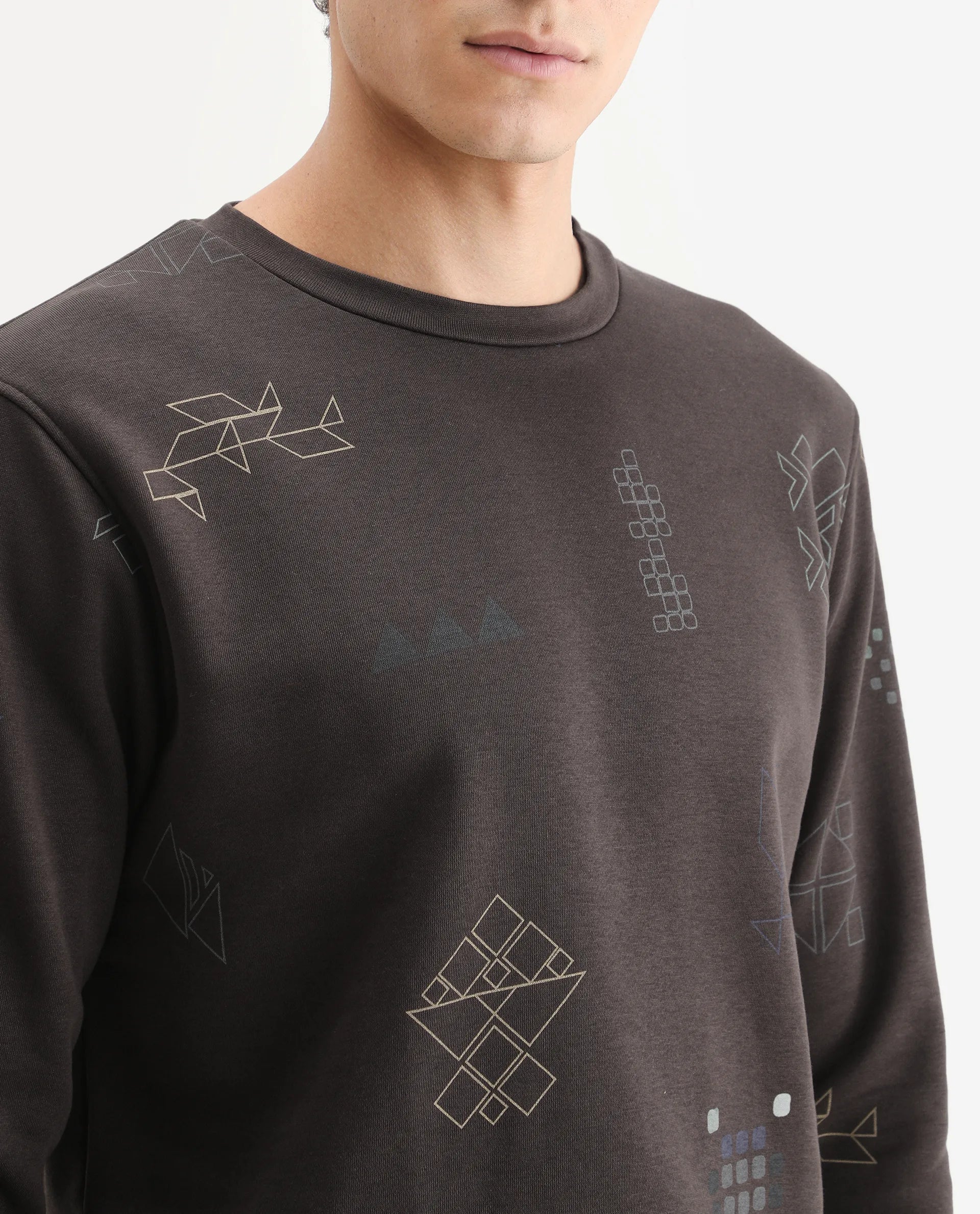 Rare Rabbit Men's Oli Brown Cotton Graphic Print Relaxed Fit Full Sleeve Crew Neck Sweatshirt