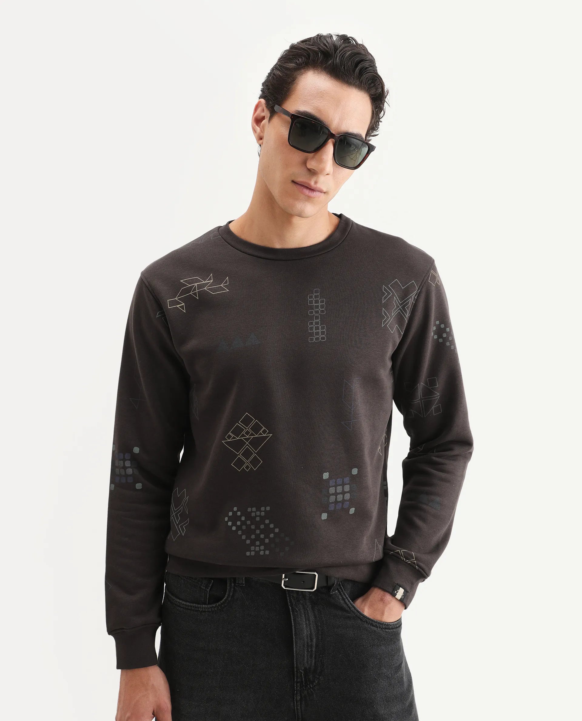 Rare Rabbit Men's Oli Brown Cotton Graphic Print Relaxed Fit Full Sleeve Crew Neck Sweatshirt